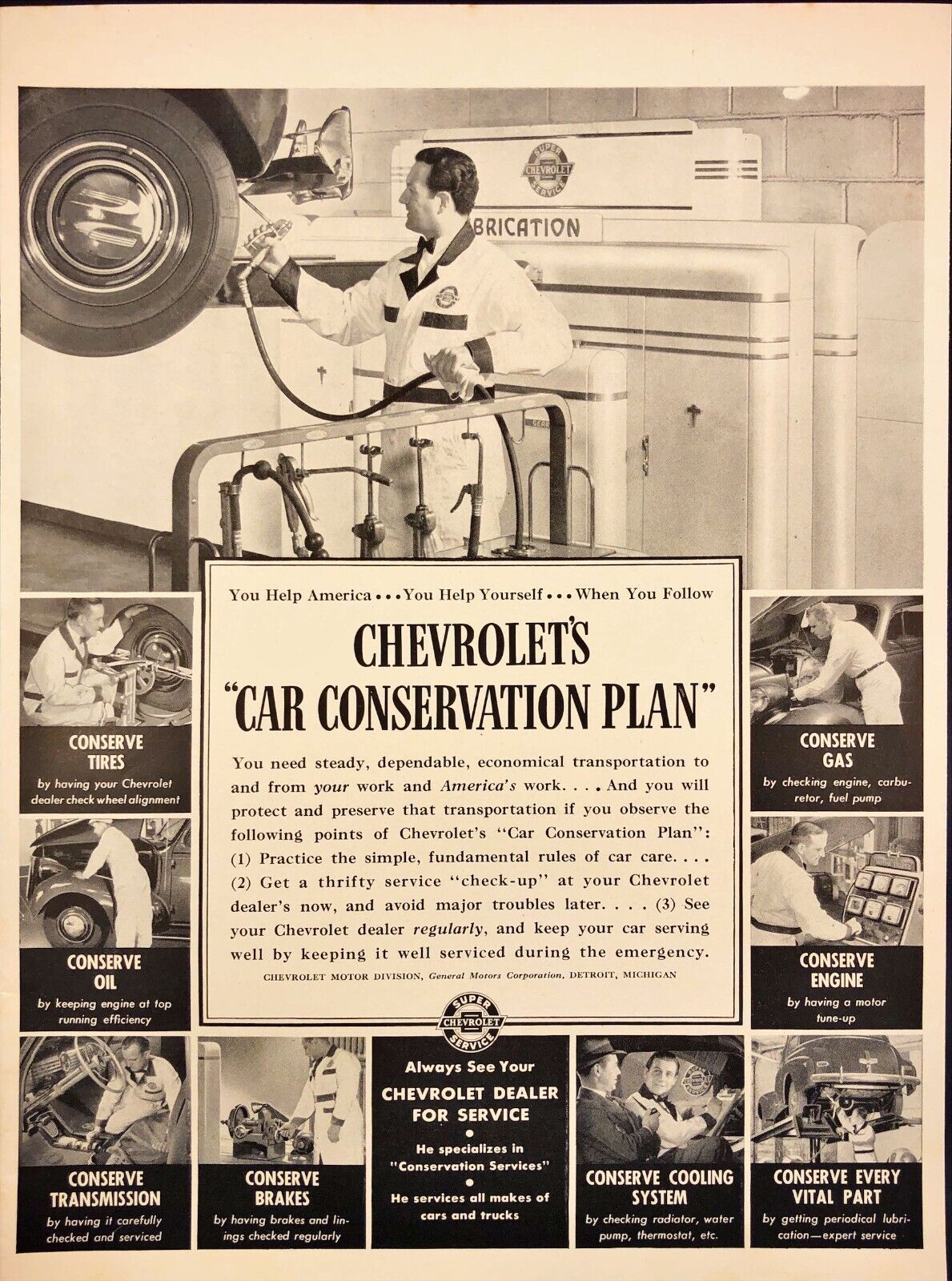 1942 Chevrolet\'s Car Conservation Plan You Can Help Effort WWII Vintage Print Ad