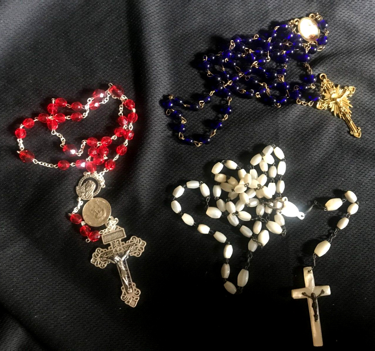 estate -Lot Of  3 Vintage Cut Crystal Glass & Pearlized ROSARIES, RED/WHITE/BLUE