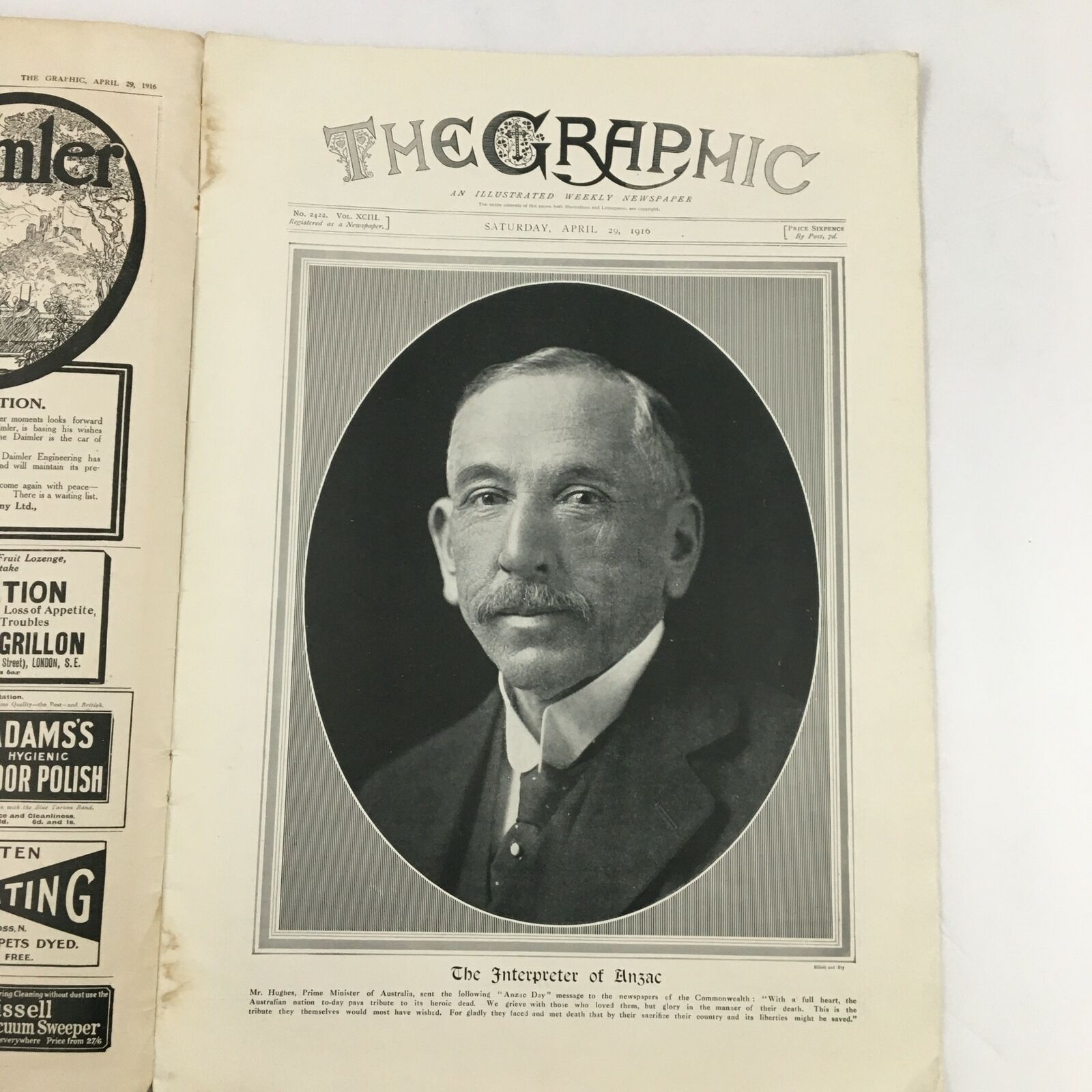 VTG The Graphic Newspaper April 29 1916 Mr. Hughes Prime Minister of Australia
