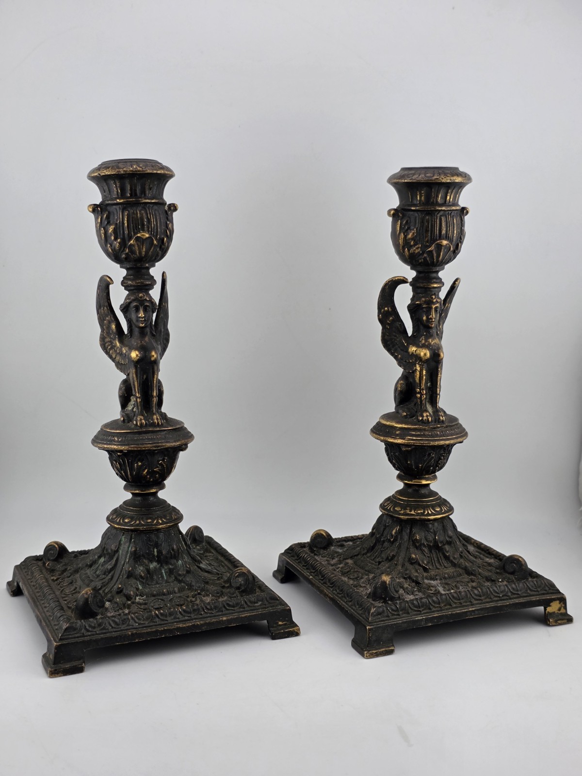 Ultra Rare 19th Century Egyptian Revival Gilt Bronze Sphinx Candlestick Holders Ultra Rare 19th Century Egyptian Revival Gilt Bronze Sphinx Candlestick Holders