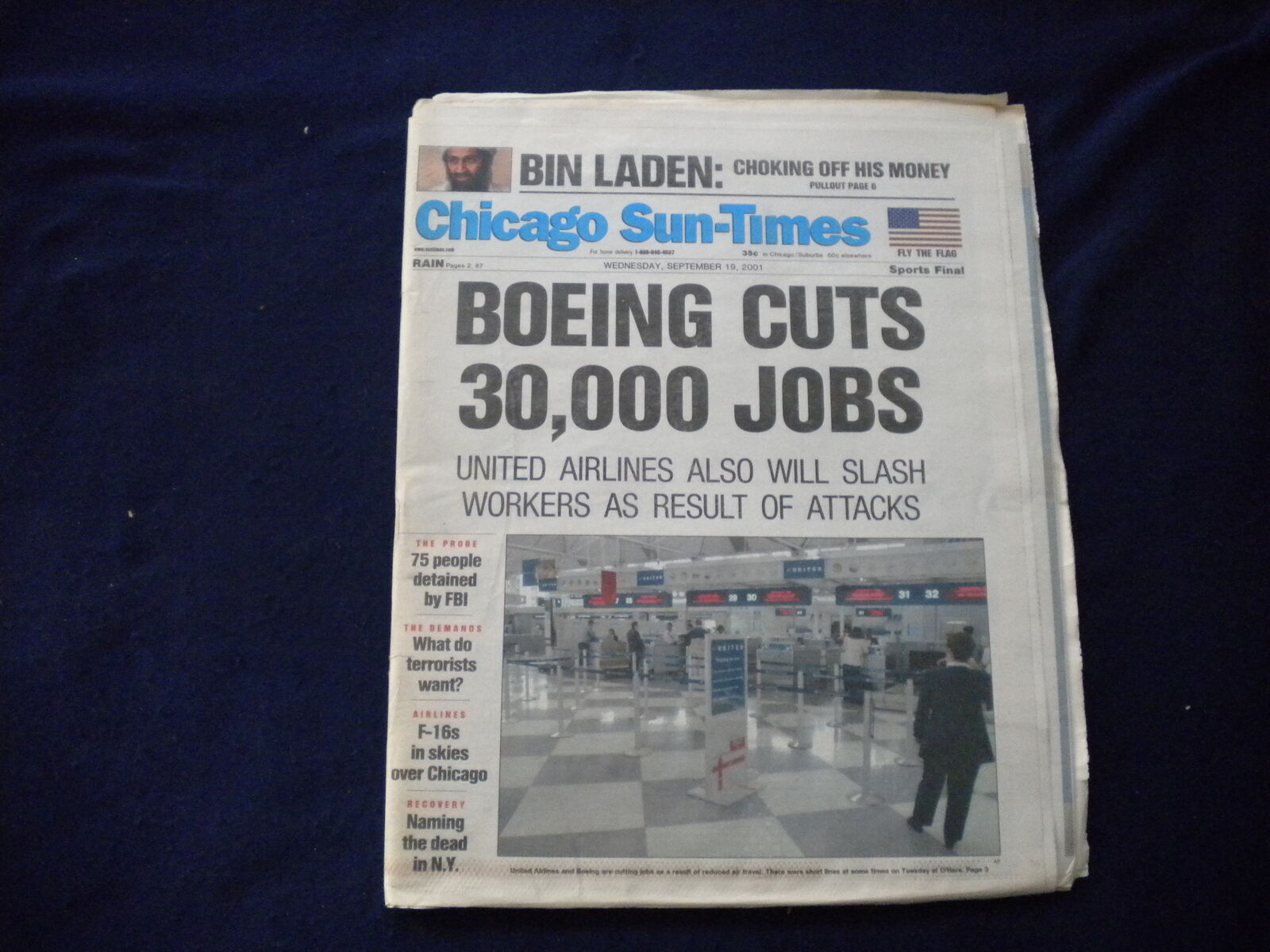 2001 SEPTEMBER 19 CHICAGO SUN-TIMES NEWSPAPER -BOEING CUTS 30,000 JOBS - NP 5947