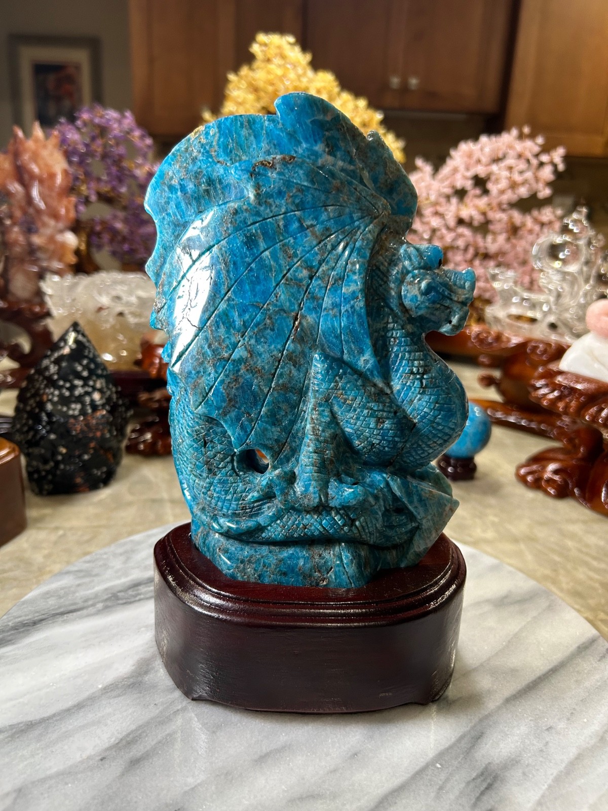 Dragon Blue Appetite carving with custom wood stand