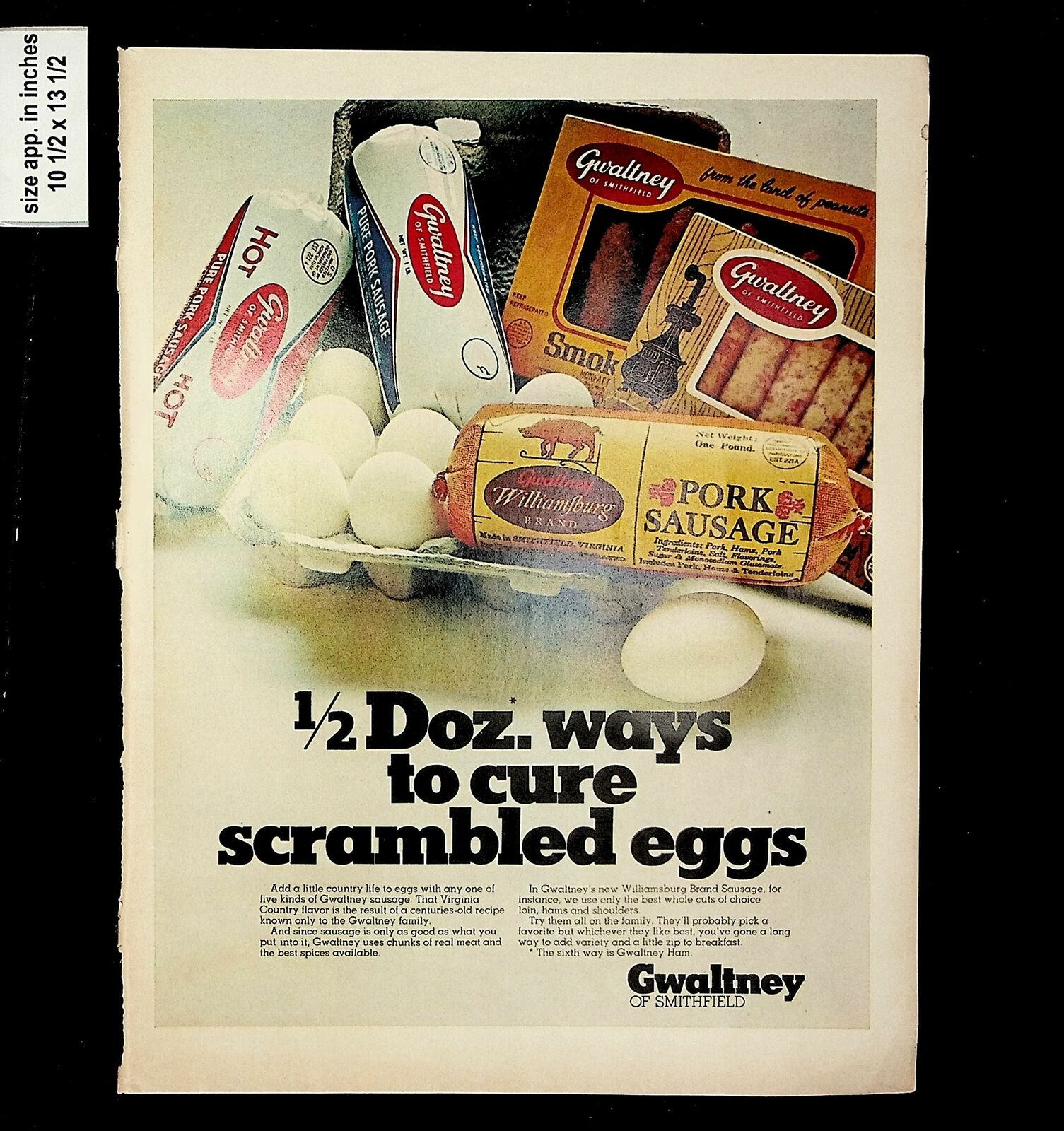 1969 Gwaltney Smithfield Scrambled Eggs Sausage Vintage Print Ad 016460