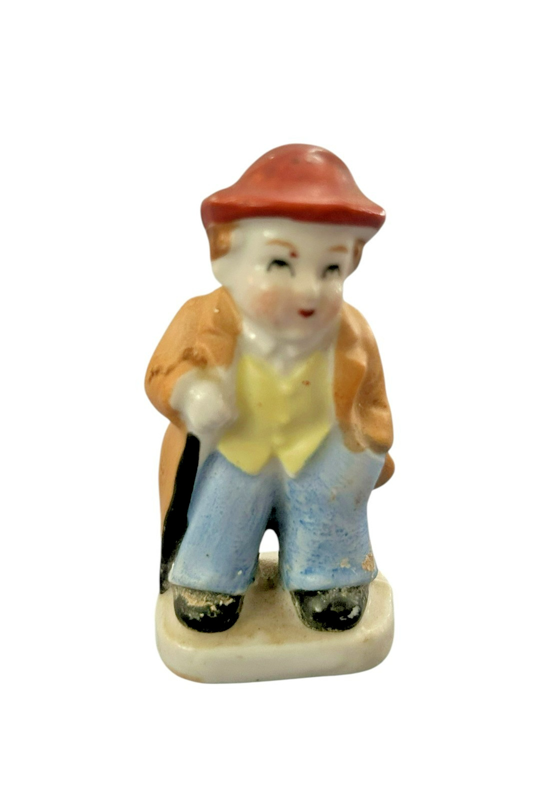 Vintage Japan Porcelain Figurine Man Red Hat Orange Coat Umbrella Cane Miniature