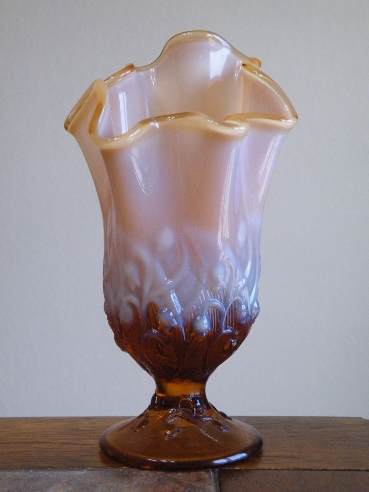Vintage Fenton Lily of the Valley Cameo Handkerchief Vase Amber Opalescent 7