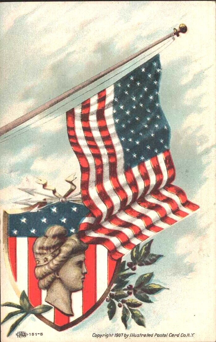 1907 4TH OF JULY  Clapsaddle LADY LIBERTY SHIELD FLAG Patriotic postcard