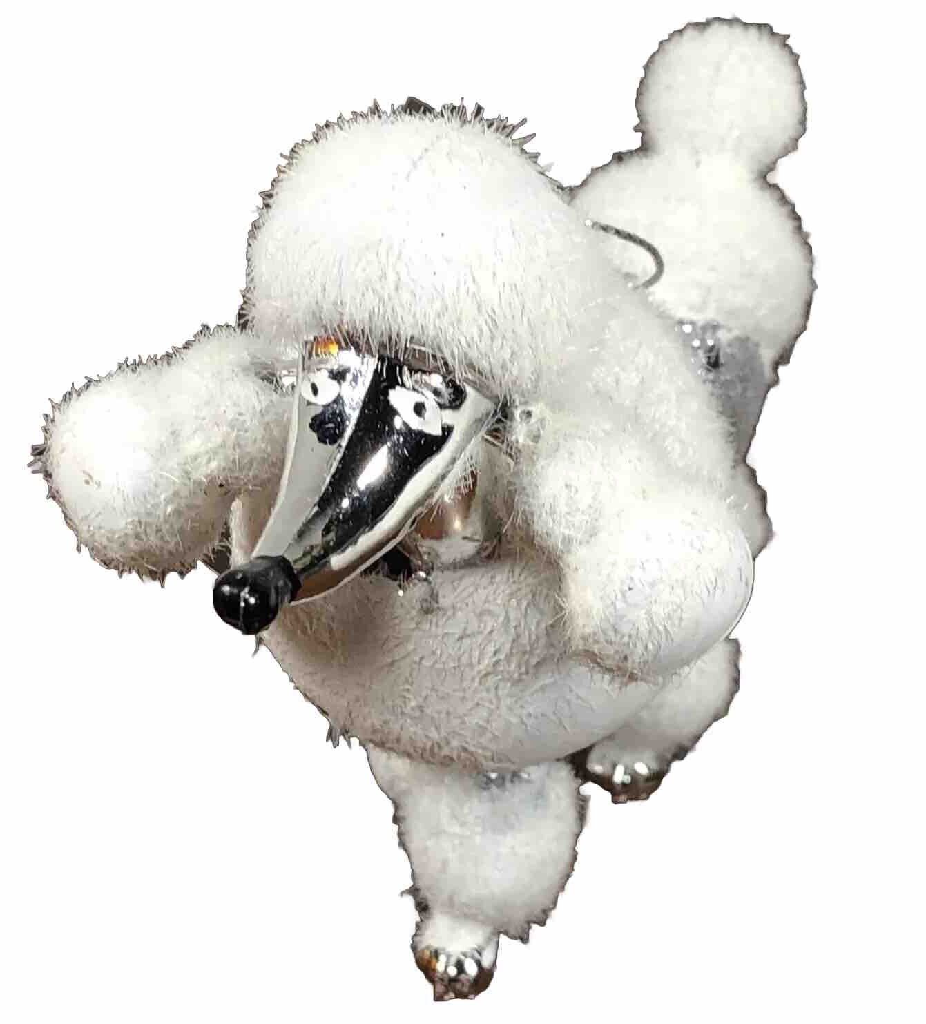Fancy Fluffy White Flocked Poodle Dog Christmas Tree Ornament Plastic Silver
