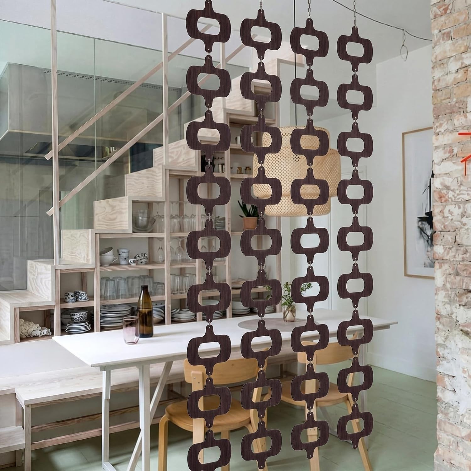 4 Strings Mid Century Modern Geometric Hanging Wall Decor, Retro Wood Pattern Ro