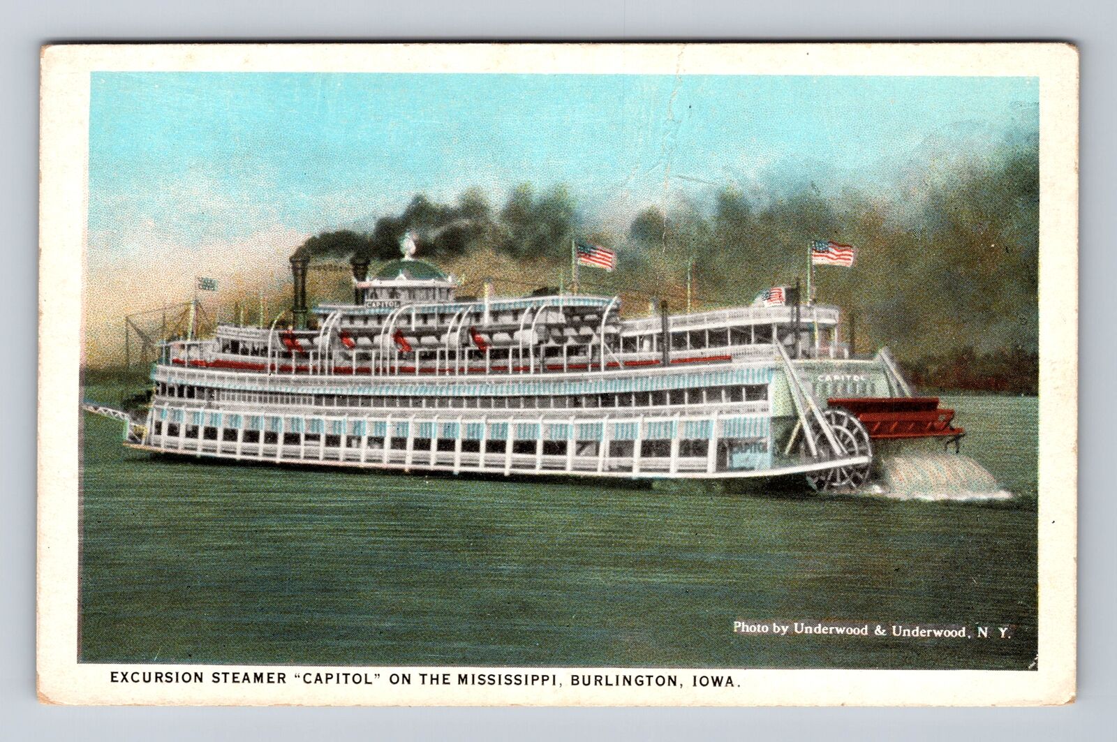 Burlington IA-Iowa, Excursion Steamer, Antique, Vintage Postcard