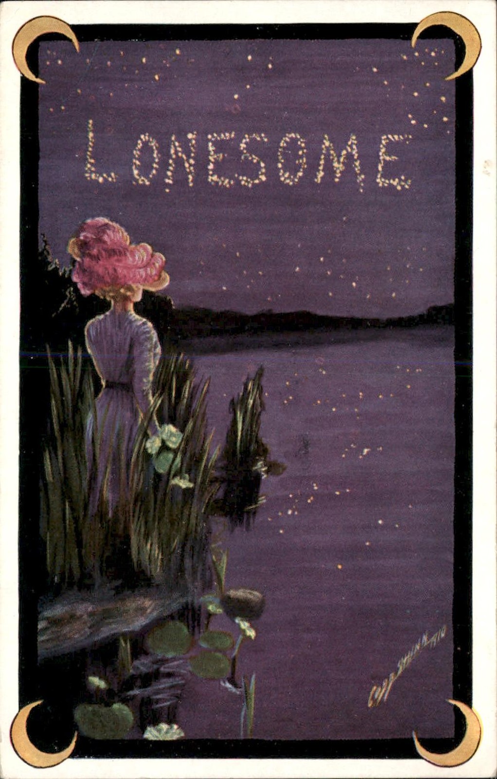Lonesome woman by the lake Under the Stars C. W. P. c1910 Vintage Postcard