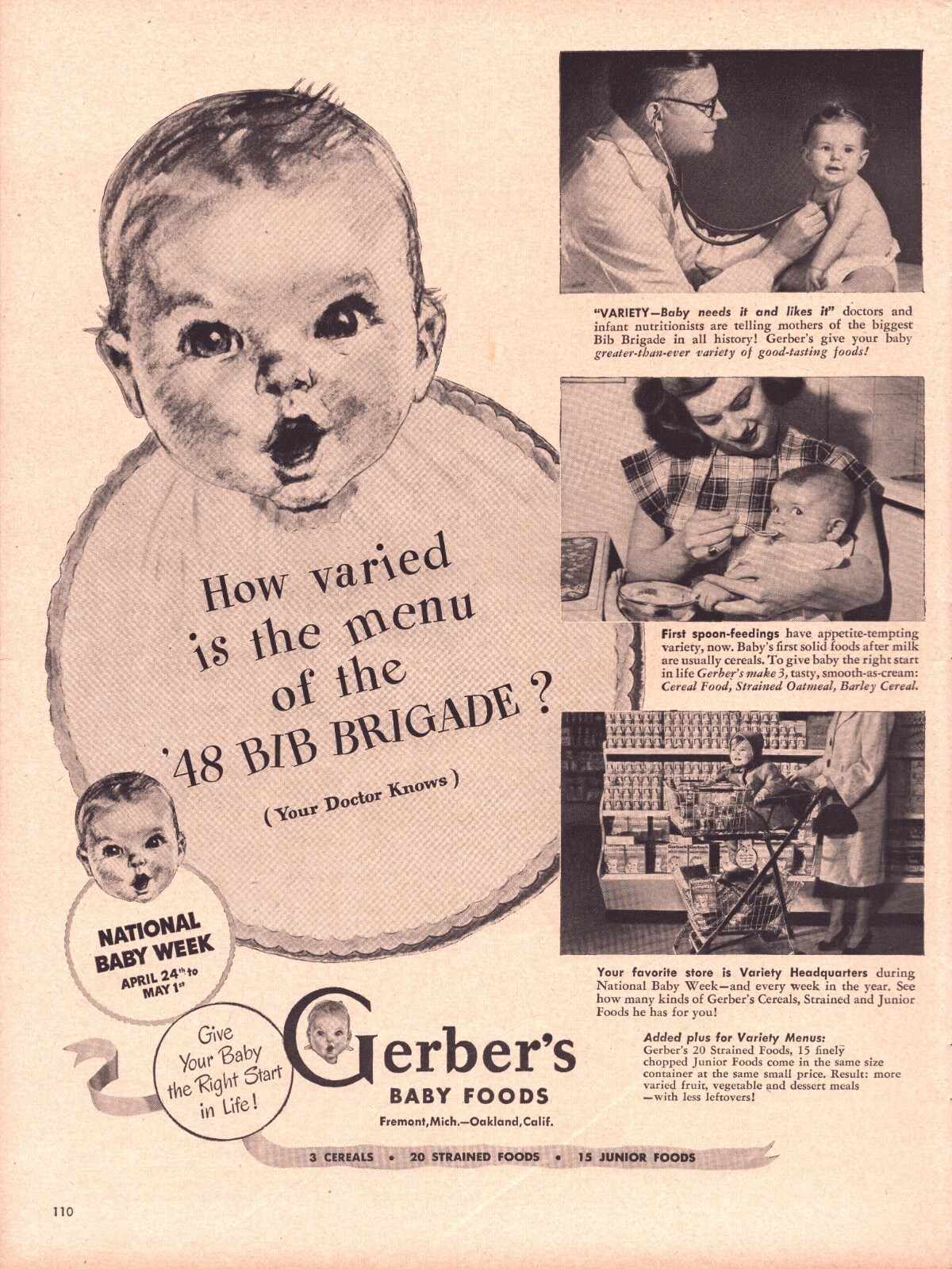 1948 Gerber's Baby Food Print Ad National Baby Week Bib