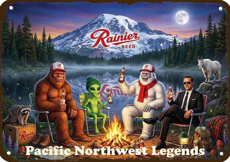 1970s RAINIER Beer Campfire Bigfoot D.B Cooper Alien Yeti Legends METAL BAR SIGN 1970s RAINIER Beer Campfire Bigfoot D.B Cooper Alien Yeti Legends METAL BAR SIGN