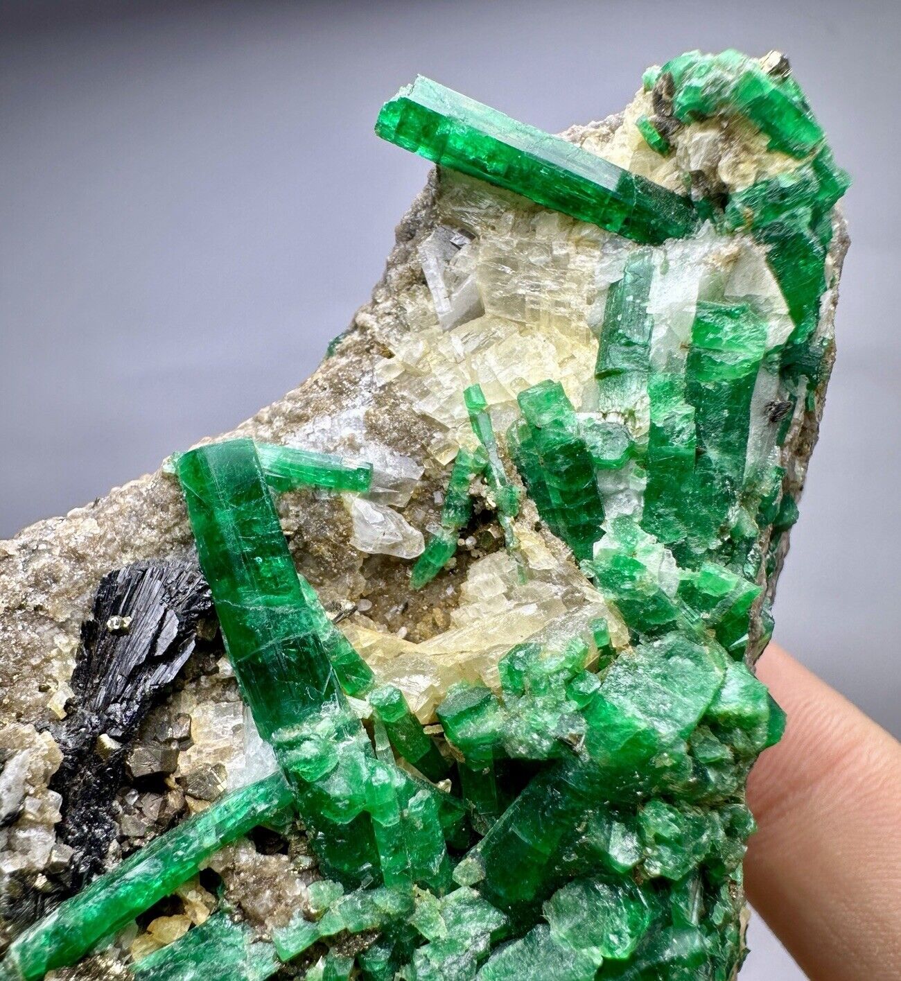 242 Gram Well Terminated Top Green Panjshir Emerald Crystals Bunch On Matrx @Afg