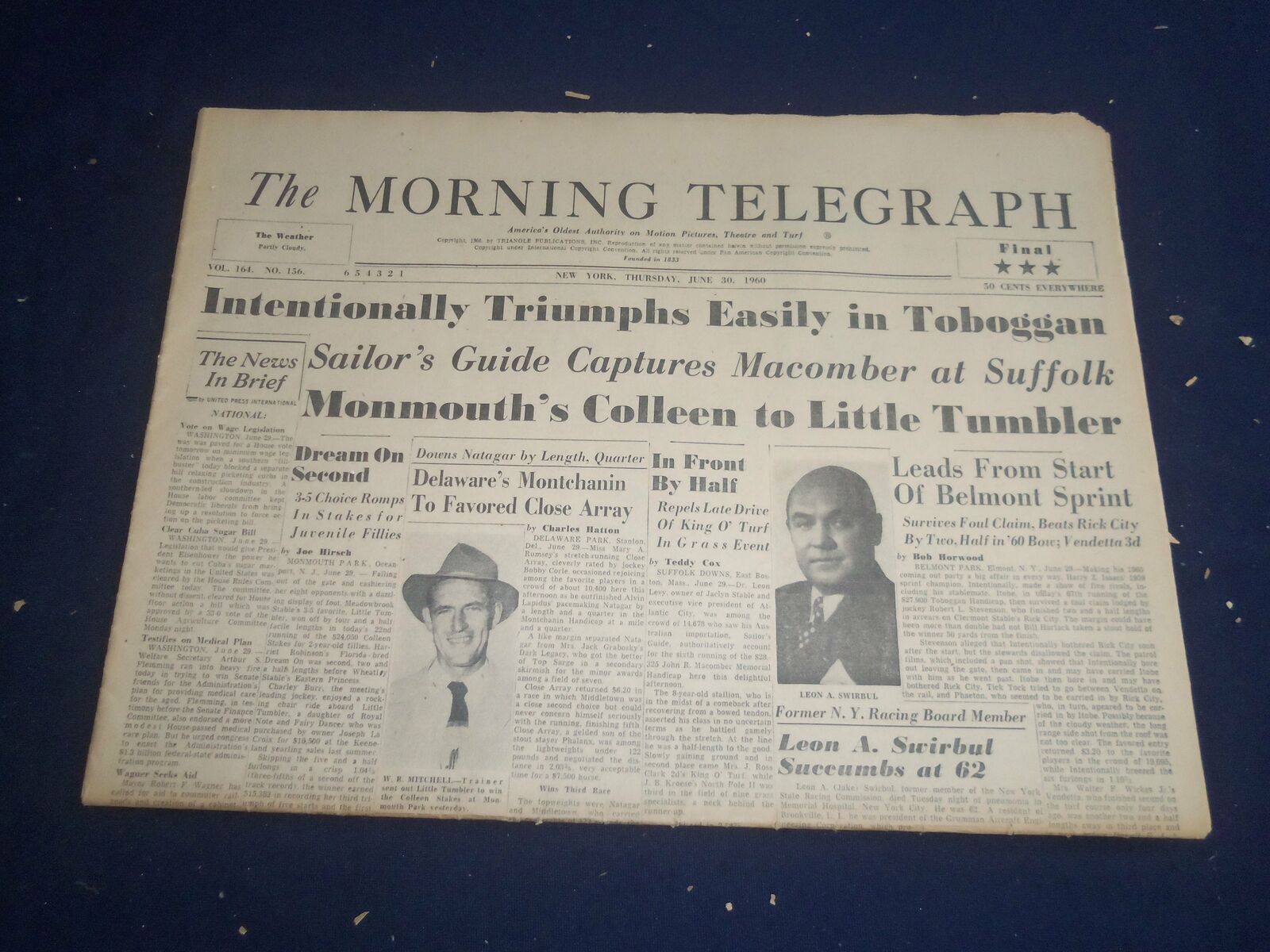 1960 JUNE 30 THE MORNING TELEGRAPH - INTENTIONALLY TRIUMPHS IN TOBOGGAN- NP 5541