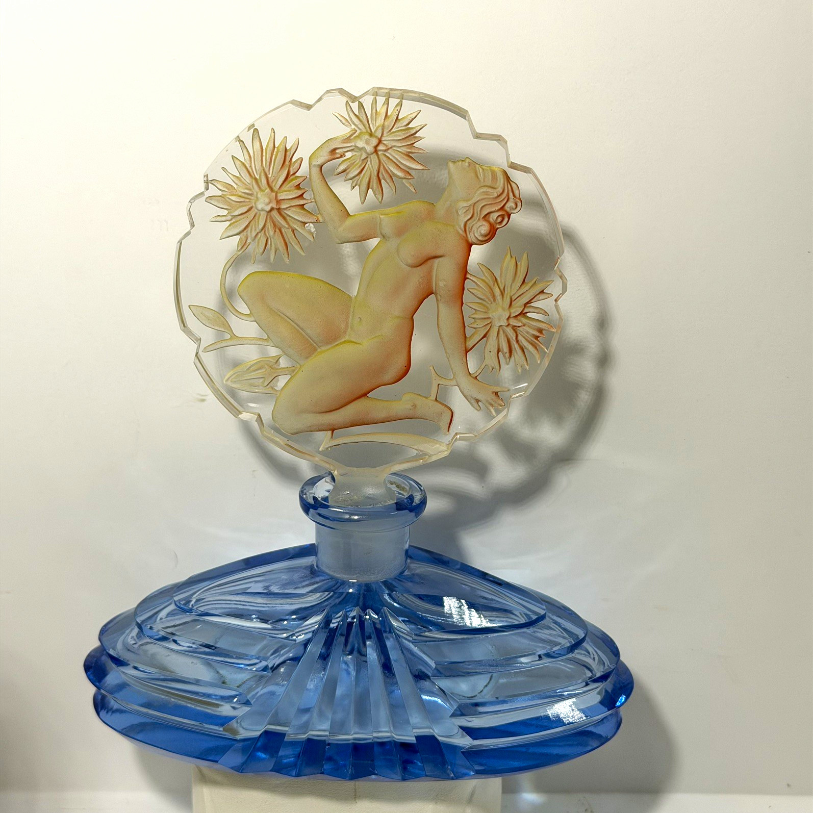 Lead Crystal Czech Republic Art Cobalt Blue Glass Perfume Bottle Nude W/ Top