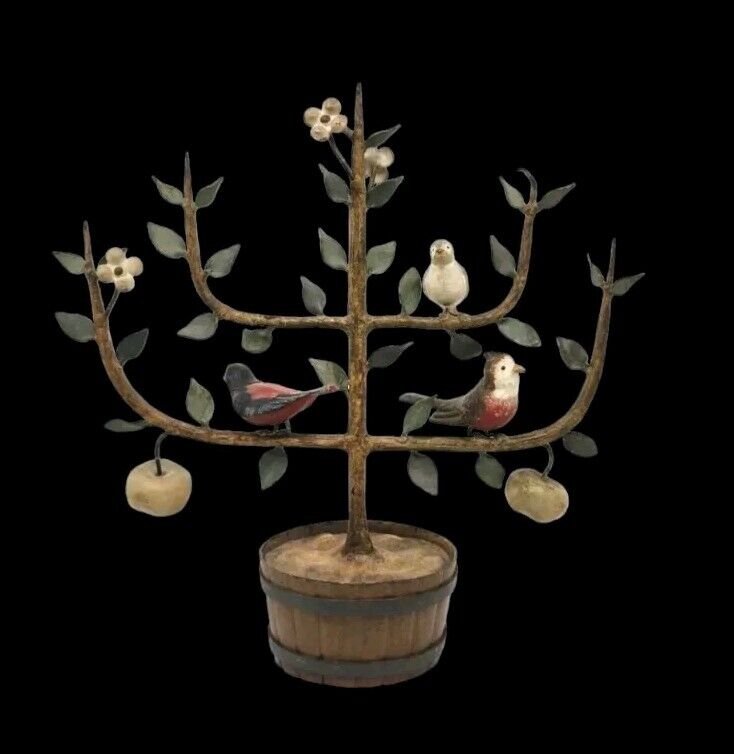 Vintage Italian Tole Metal Espaliered Hand Paint Apple Tree With Birds