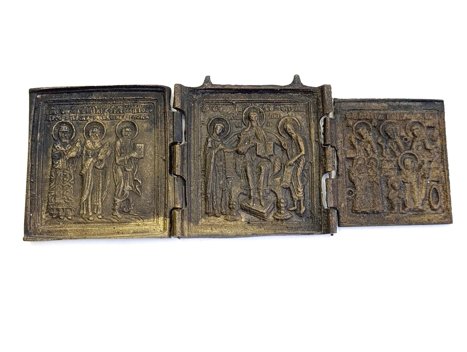 Antique Circa XIX Cent. Russian Orthodox Triptych Deesis Traveling Brass Icon