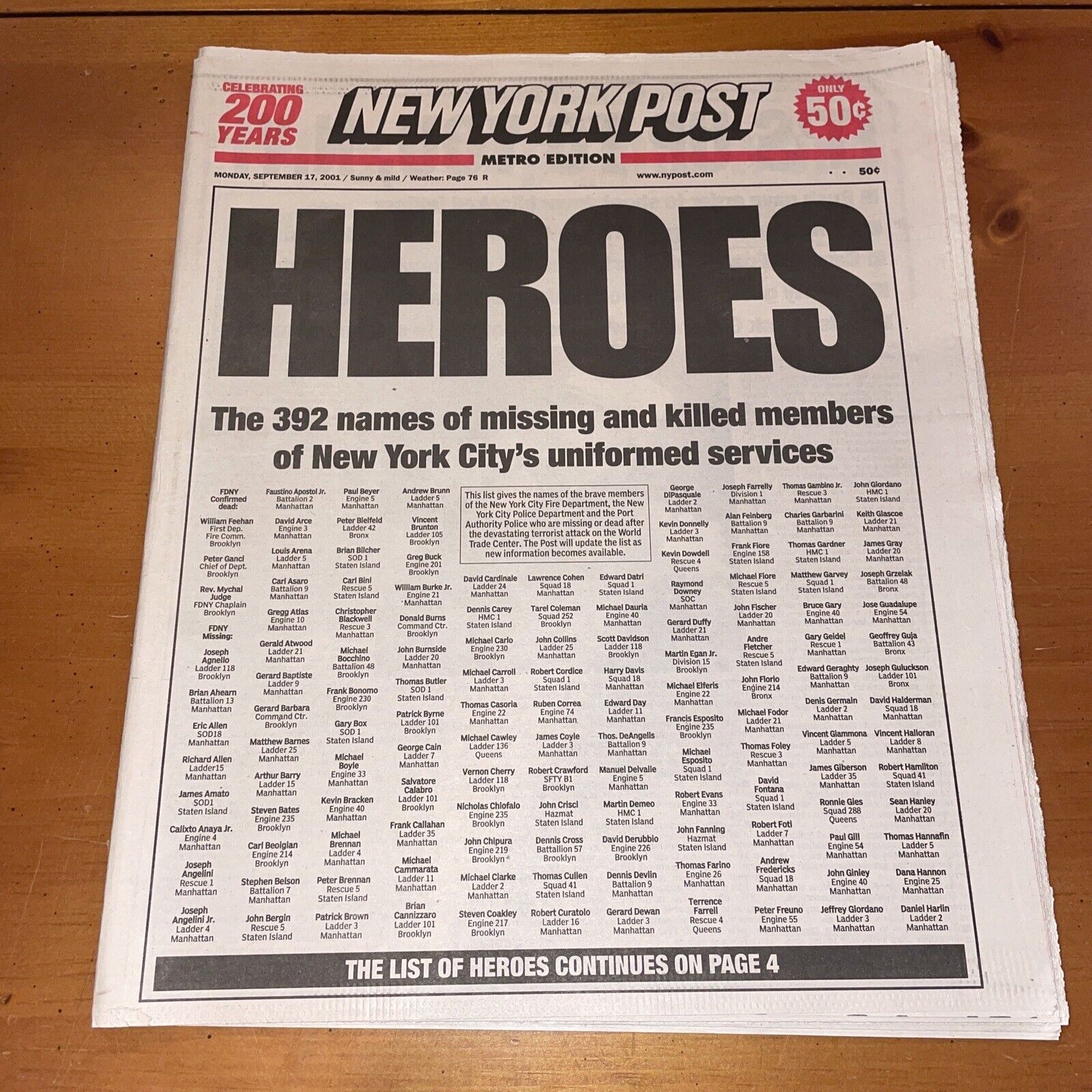 New York Post, September 17, 2001, 9/11