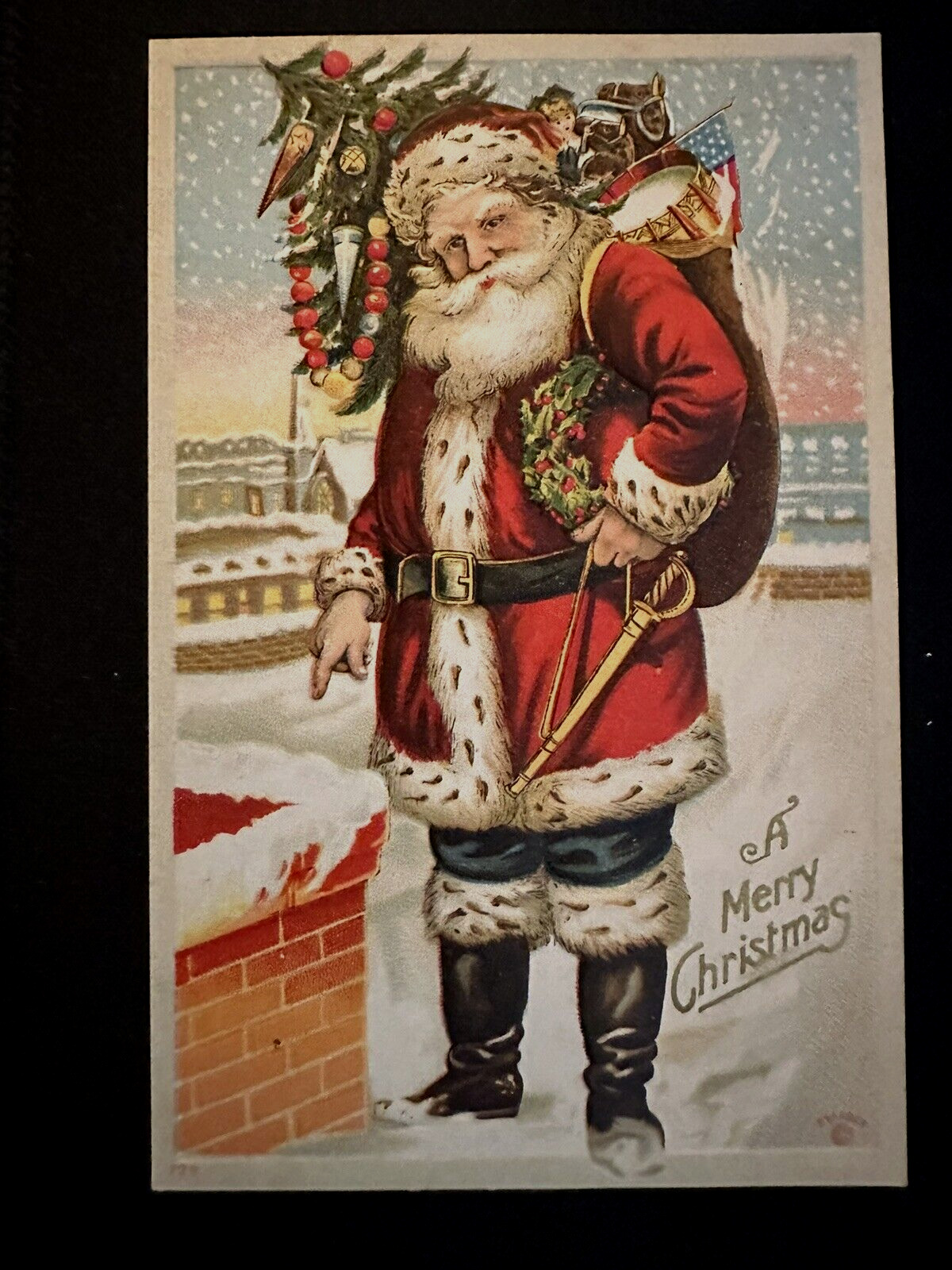 Patriotic Santa Claus USA FLAG~~Sword~Drum~Toys 1910~Christmas Postcard~k377