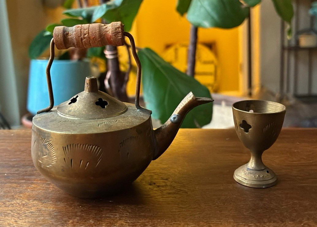 Vintage Miniature Brass Teapot Incense Burner and Goblet Set Made in India Boho