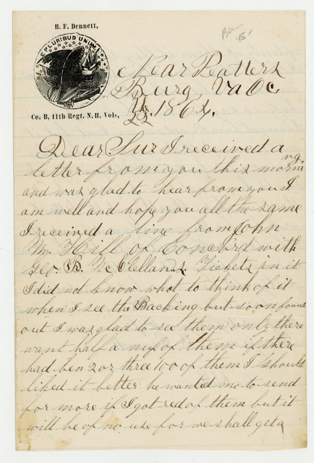 NH 11th Infantry Letter 1864 Civil War Union Army Soldier ID Petersburg Virginia