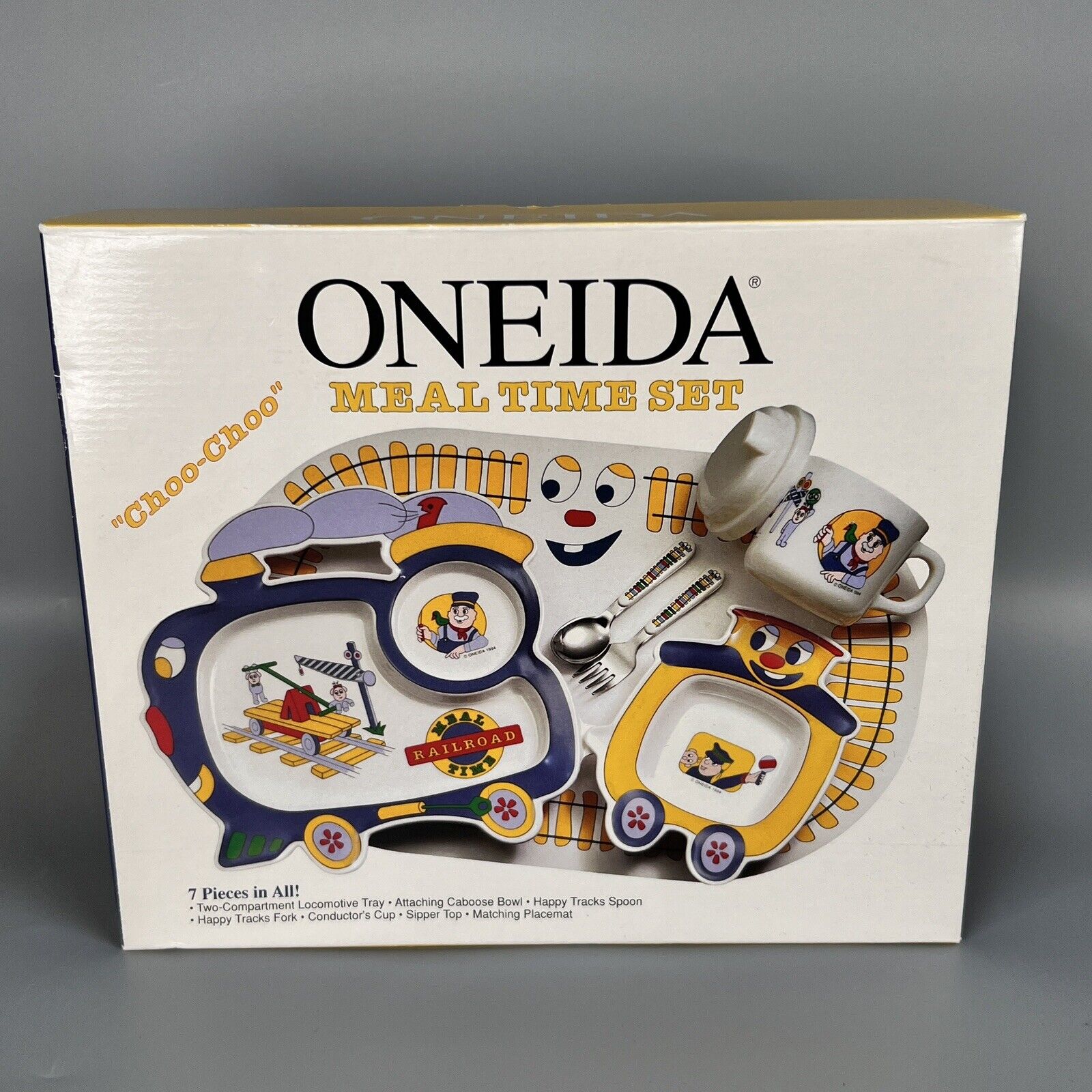 Vintage 1994 Oneida Meal Time Choo Choo Train 7 Pcs Set Mat Plate Cup Spoon  New