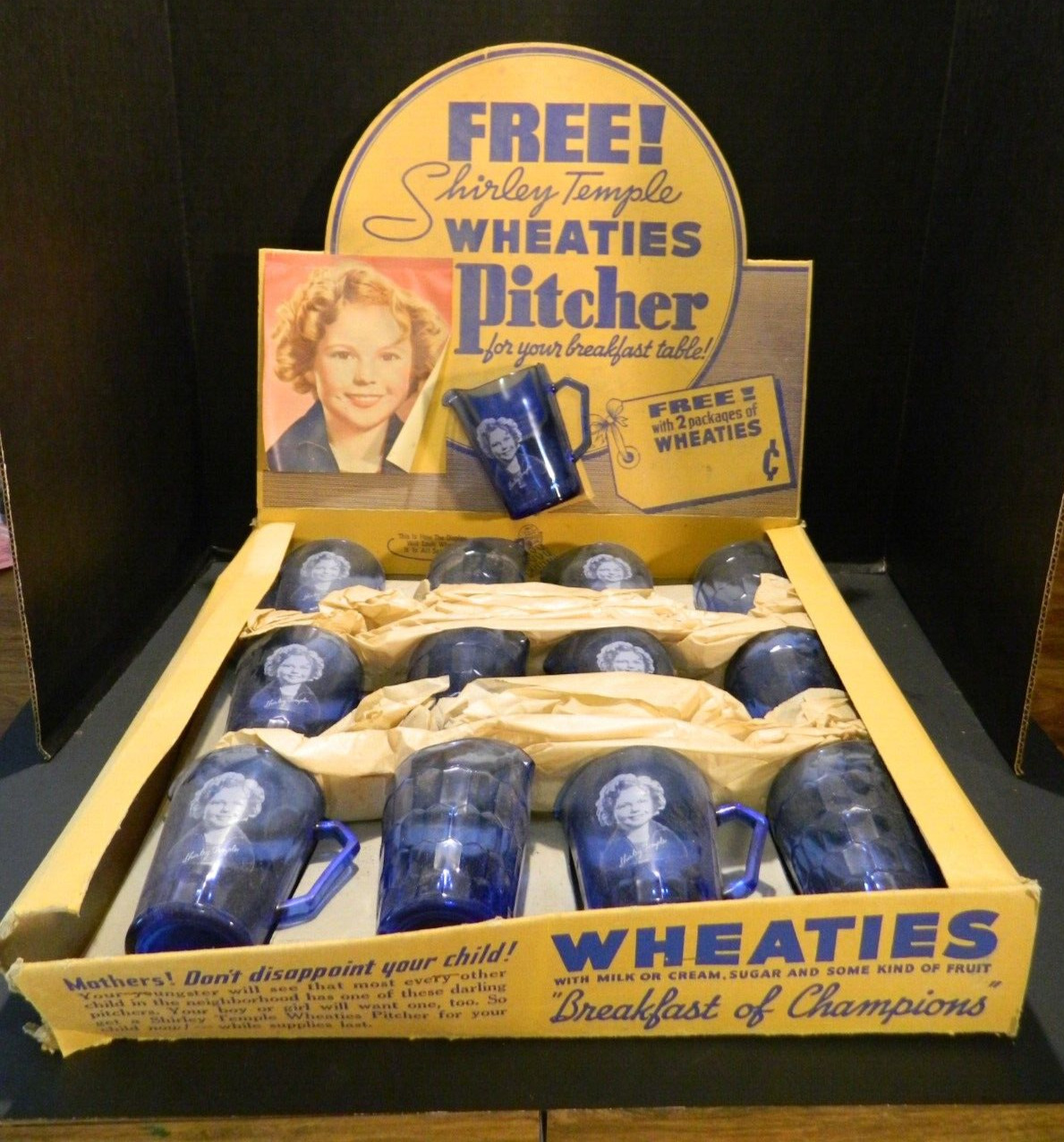 Antique Wheaties Shirley Temple Free Pitcher Store Display w/13 Pitchers #2 1935