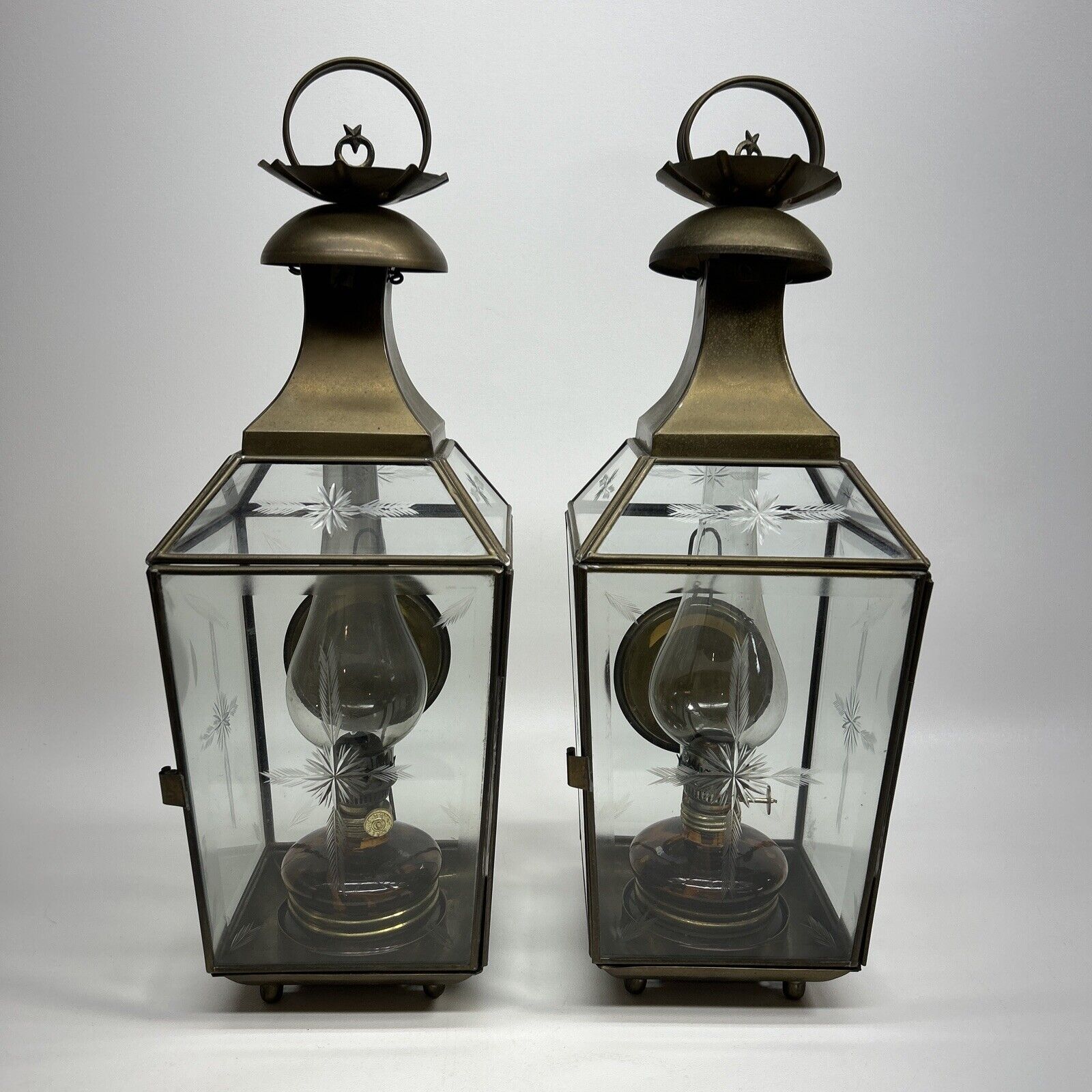 (Set Of 2)  Vtg T.M. LALE Oil Lantern Brass & Glass, Amber Tone Oil Container