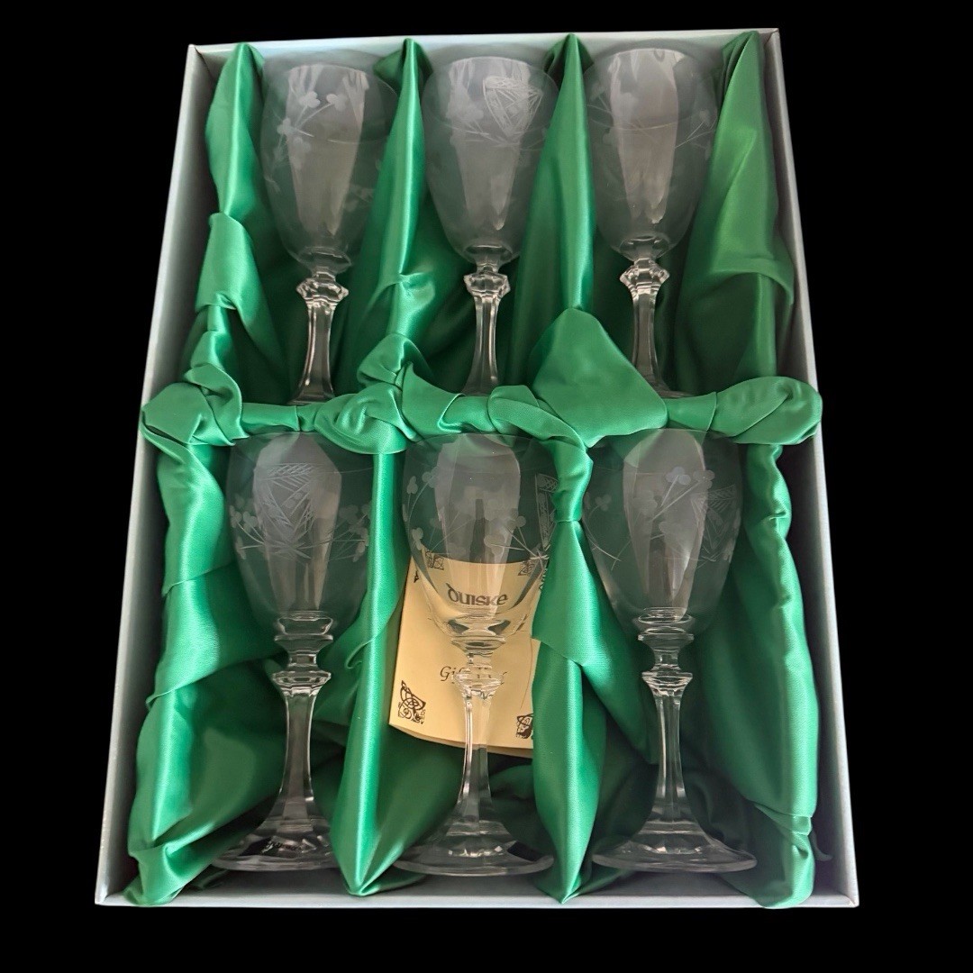 6 VTG Duiske Irish hand-cut crystal Goblets With Original Green Lined Box