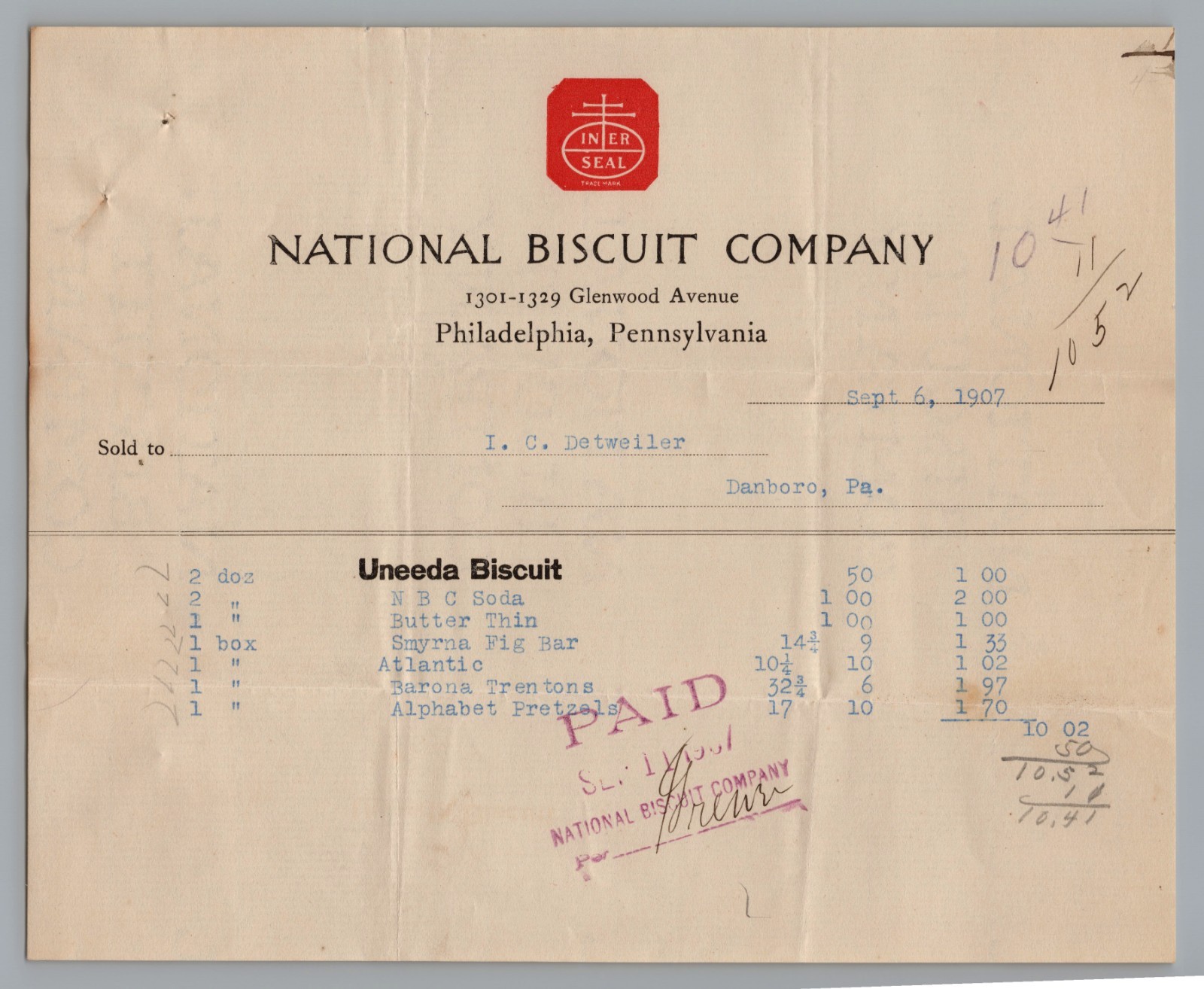 1907 National Biscuit Company Philadelphia PA Invoice Billhead Uneeda