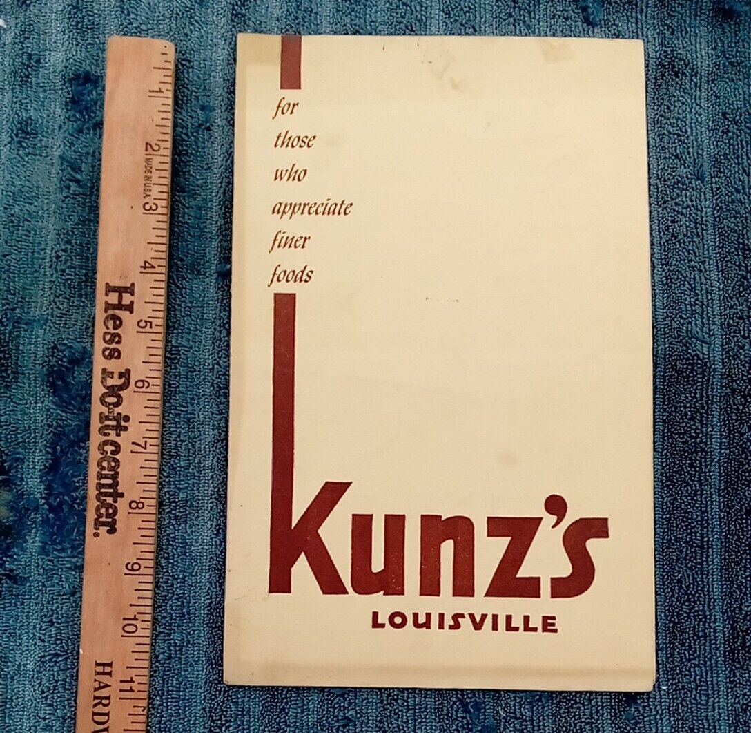 Vintage 1950 KUNZ'S Restaurant Food Menu Louisville Kentucky Dining History