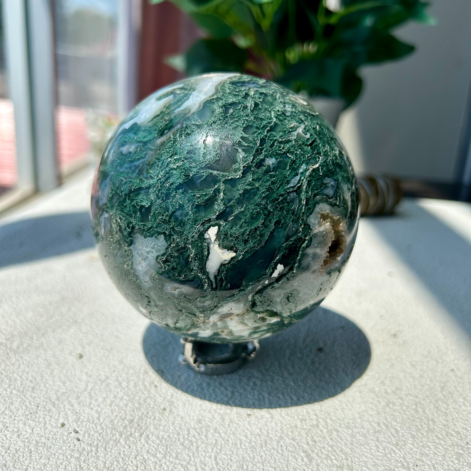 1345g Natural Moss Agate Quartz Crystal Sphere Display Healing Decor 28th 98mm