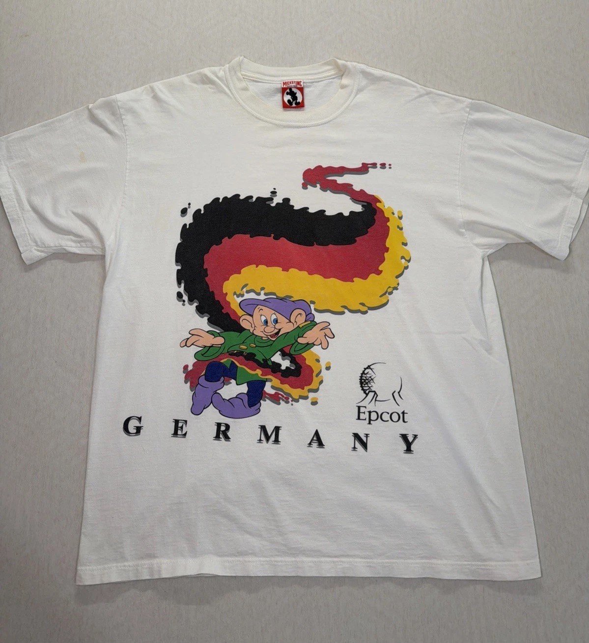 VTG Disney Dwarf Dopey Epcot Germany Flag Shirt Made in USA Size Large