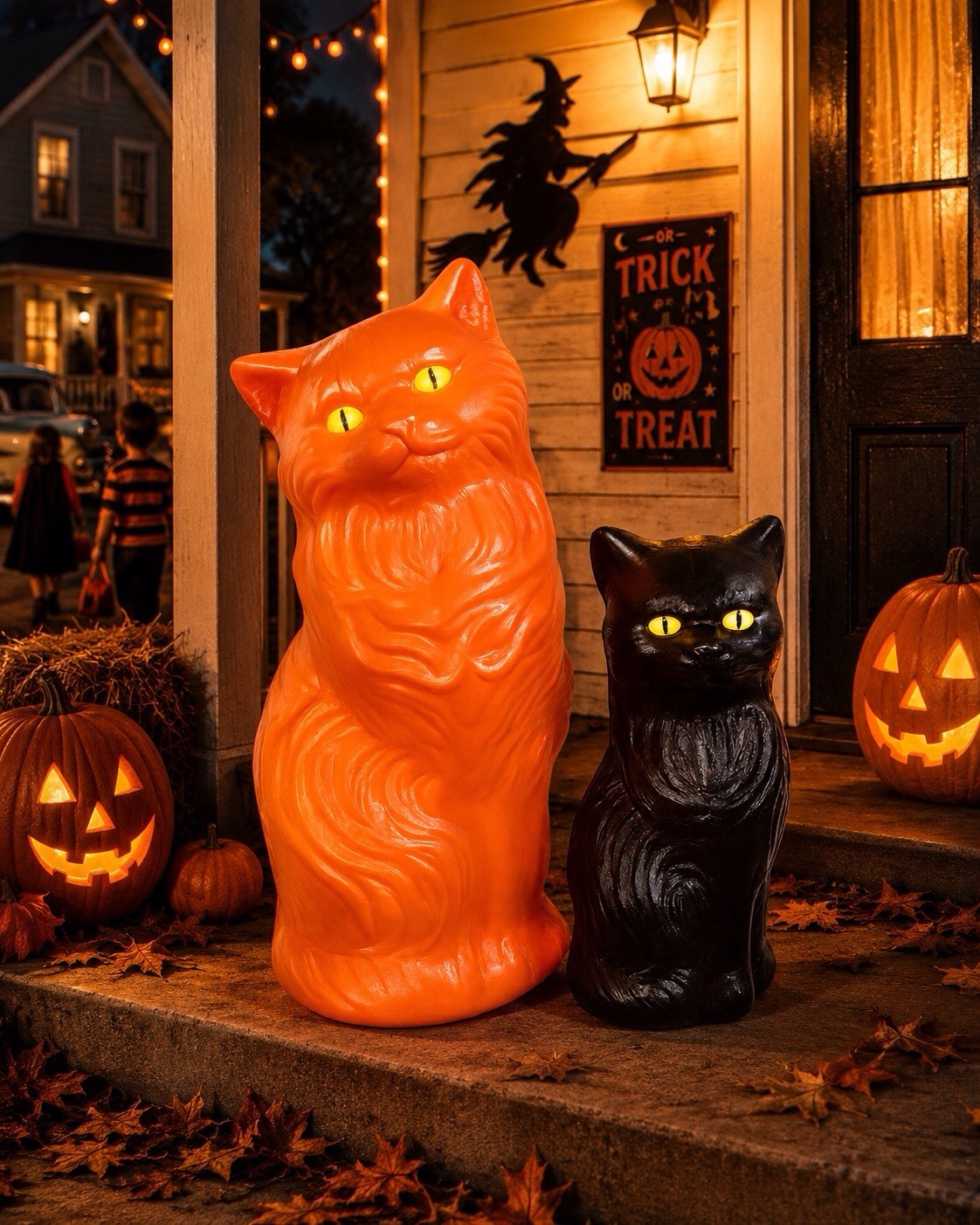 Blow  Mold Plastic Halloween Black Orange Cats Bank Scary Yellow Eyes PAIR