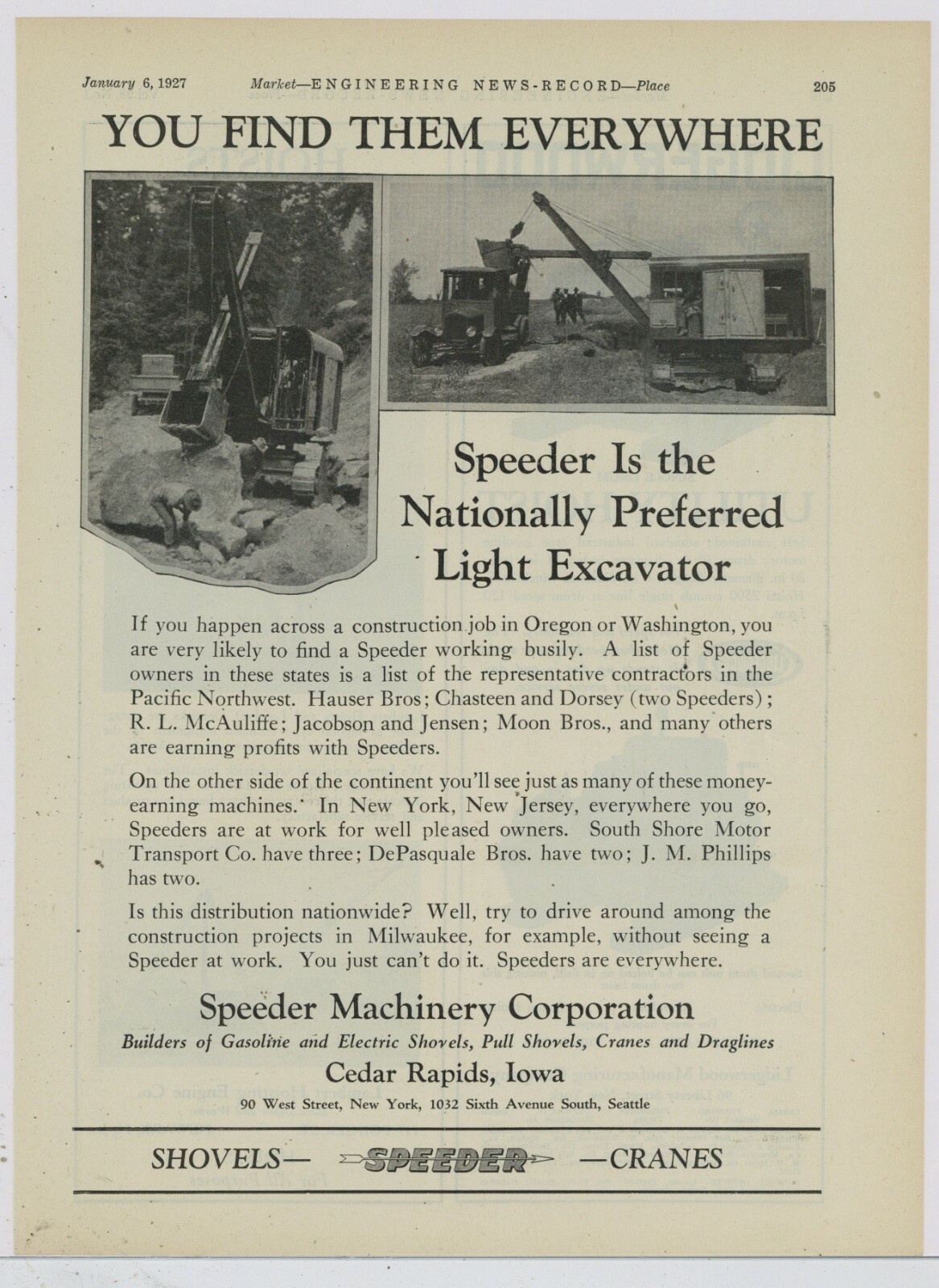 1927 Speeder Machinery of Cedar Rapids IA Ad: Contractor List of Users 1927 Speeder Machinery of Cedar Rapids IA Ad: Contractor List of Users