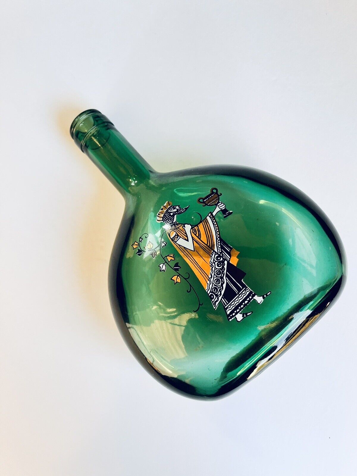 Unique Hand Painted Folk Art Green/emerald Glass Bottle