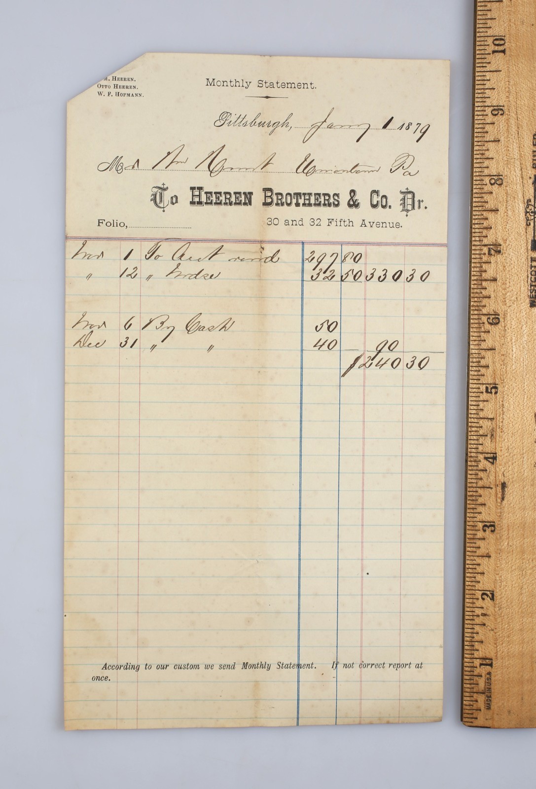 Vintage 1879 Letterhead Invoice Receipt Heeren Bros. & Co. Jewelers Pittsburgh