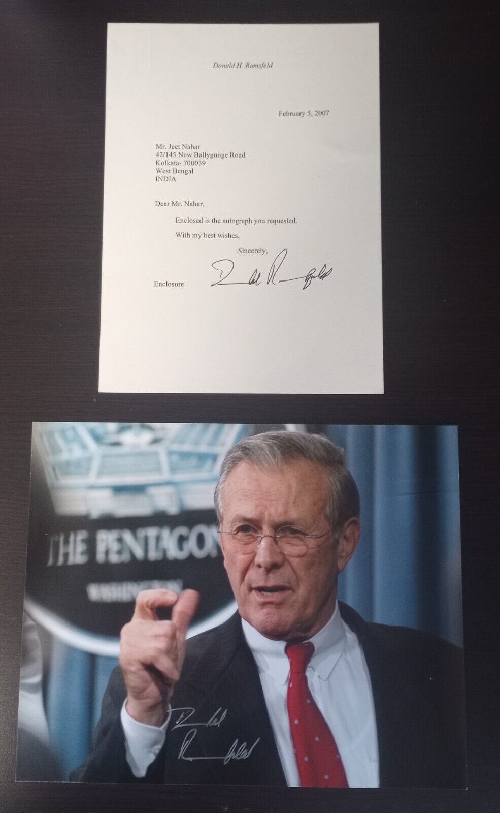 Donald Rumsfeld Autographed / Signed 8X10 W/Signed Letter Authentic