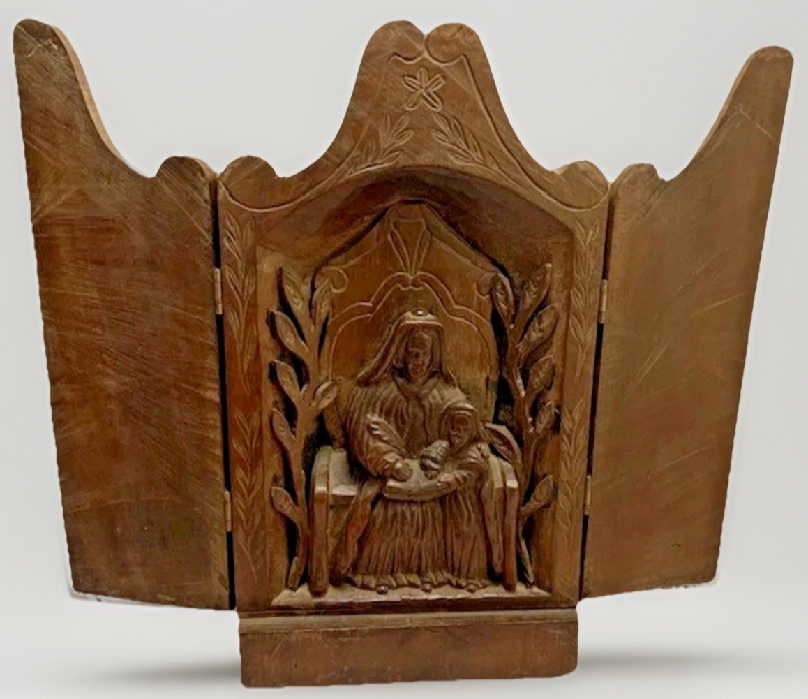 Antique Hand Carved Wood Triptych Shrine St Anne Mary Alter Folk Art Church VTG Antique Hand Carved Wood Triptych Shrine St Anne Mary Alter Folk Art Church VTG