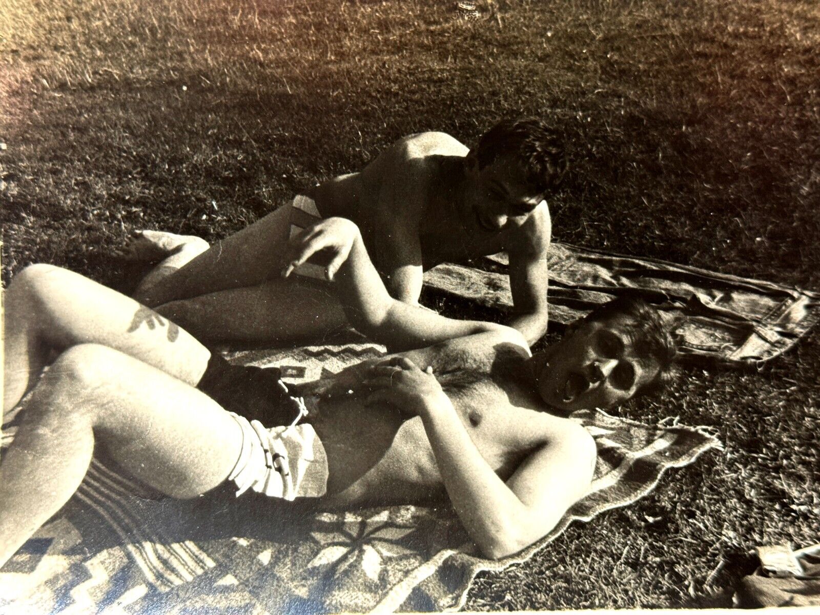 1970s Two Affectionate Shirtless Men Trunks Bulge Lying Gay int Vintage Photo