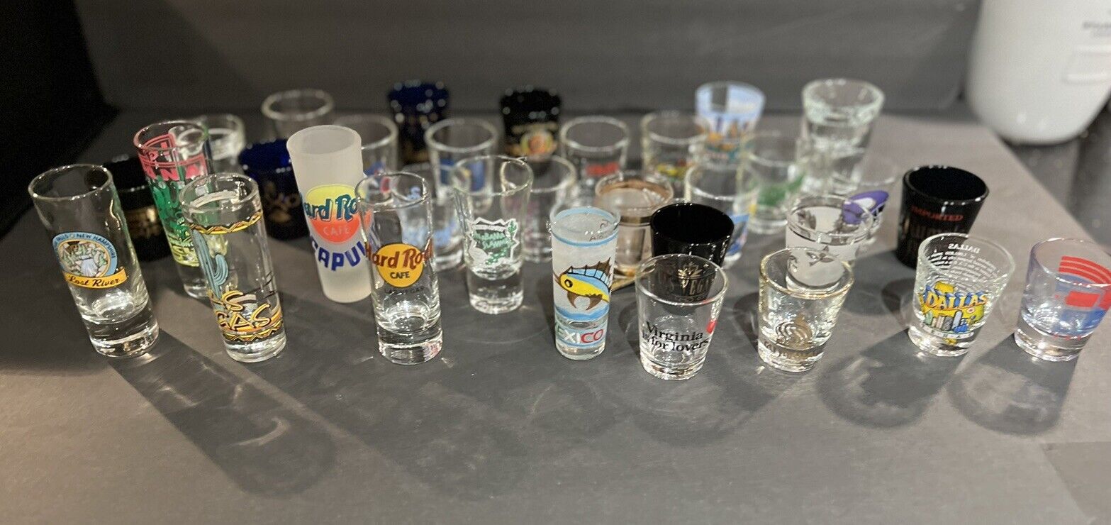 Lot Of 34 Vintage Collectible  Souvenir Shot Glasses instant Collection Casino