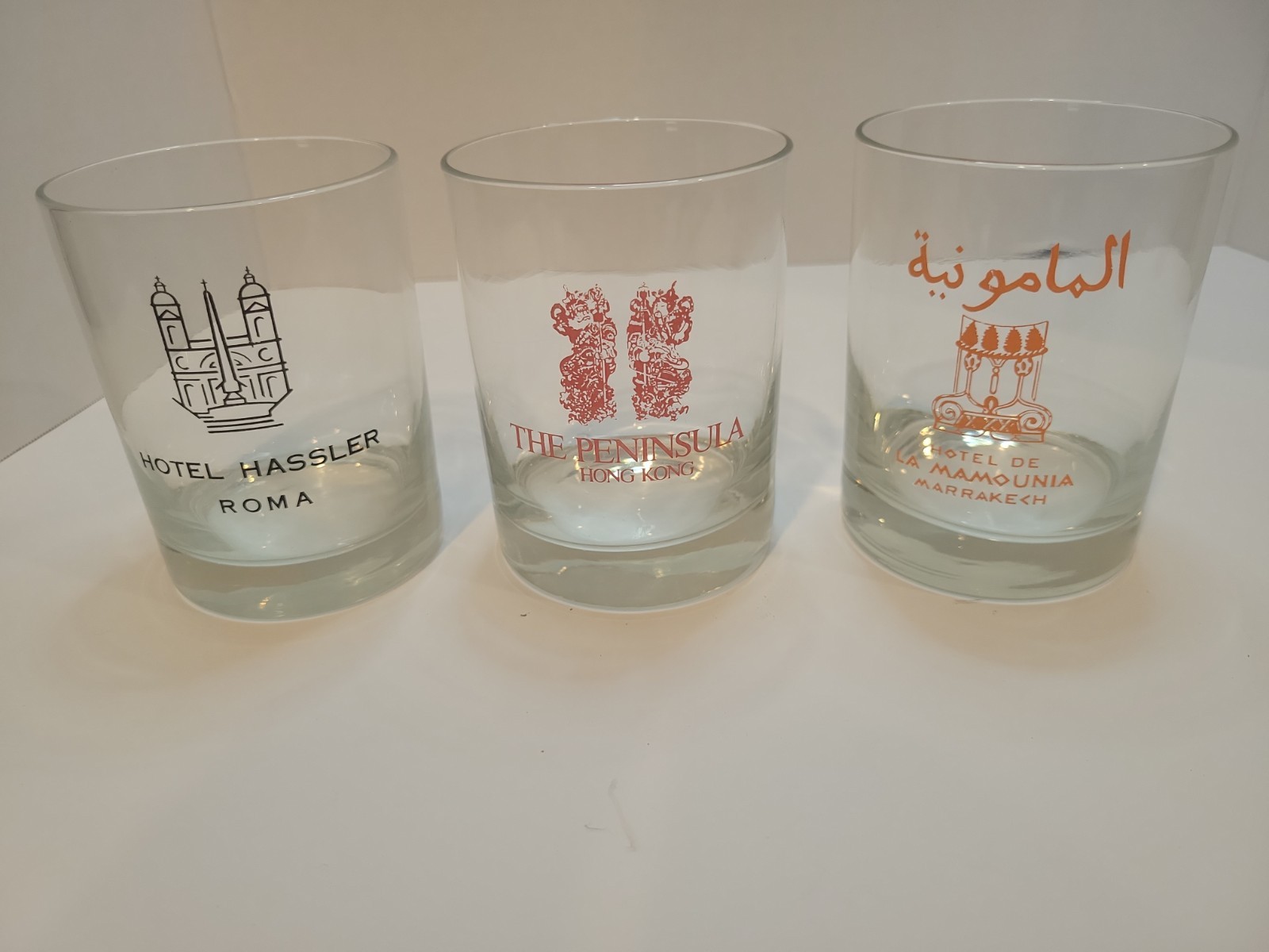 3 Vtg Luxury Hotel Rocks Glasses Peninsula Hong Kong Hassler Roma Mamounia...