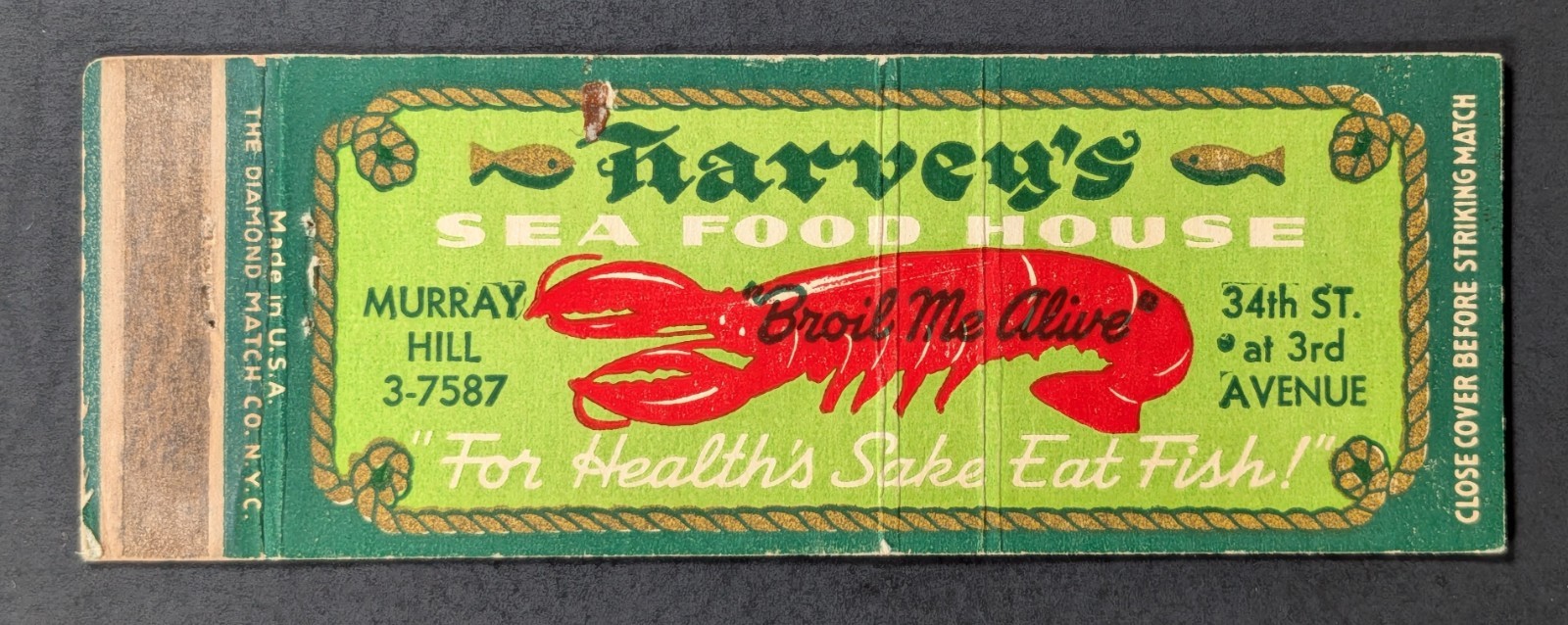Vintage Harvey's Seafood Lobster Matchbook Cover Vintage Harvey's Seafood Lobster Matchbook Cover