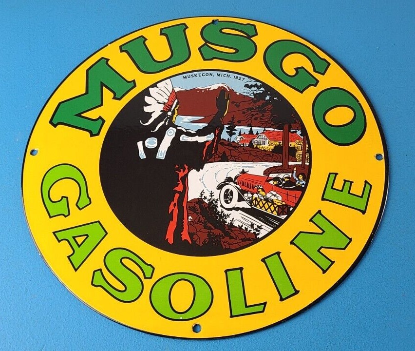 Vintage Musgo Gasoline Sign - Gas Oil Pump American Indian Chief Porcelain Sign