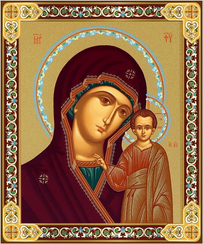 Virgin of Kazan Foiled Orthodox Ornate Border Wood Mounted Icon Decor 7.5 In