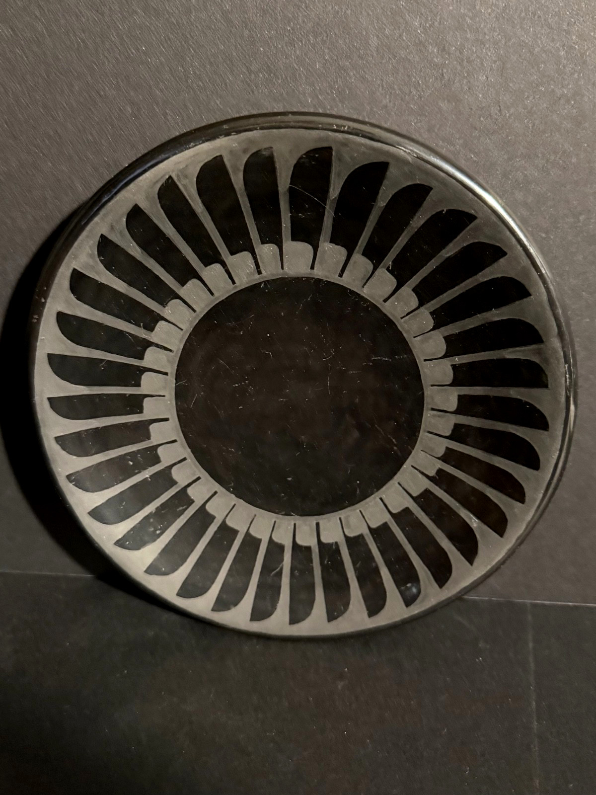 MARIA MARTINEZ (SAN ILDEFONSO,1887-1980), BLACK ON BLACK POTTERY “FEATHER” PLATE