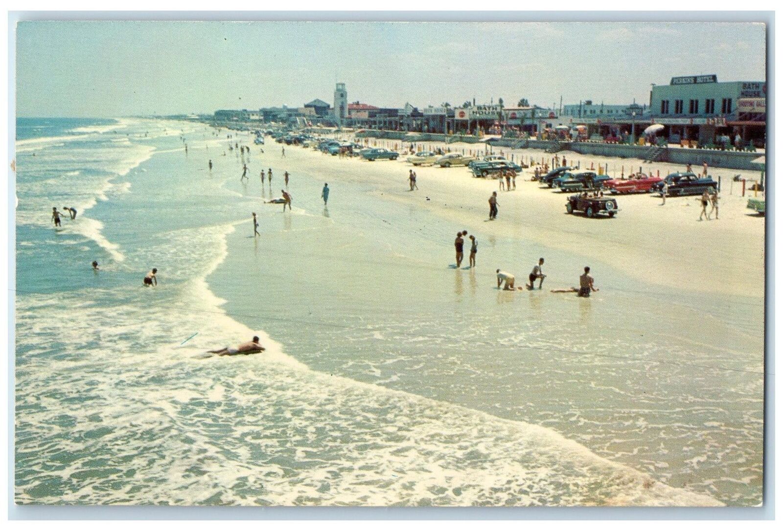 c1950's Surf & Sand Swimming Bathing Classic Cars Jacksonville Beach FL Postcard