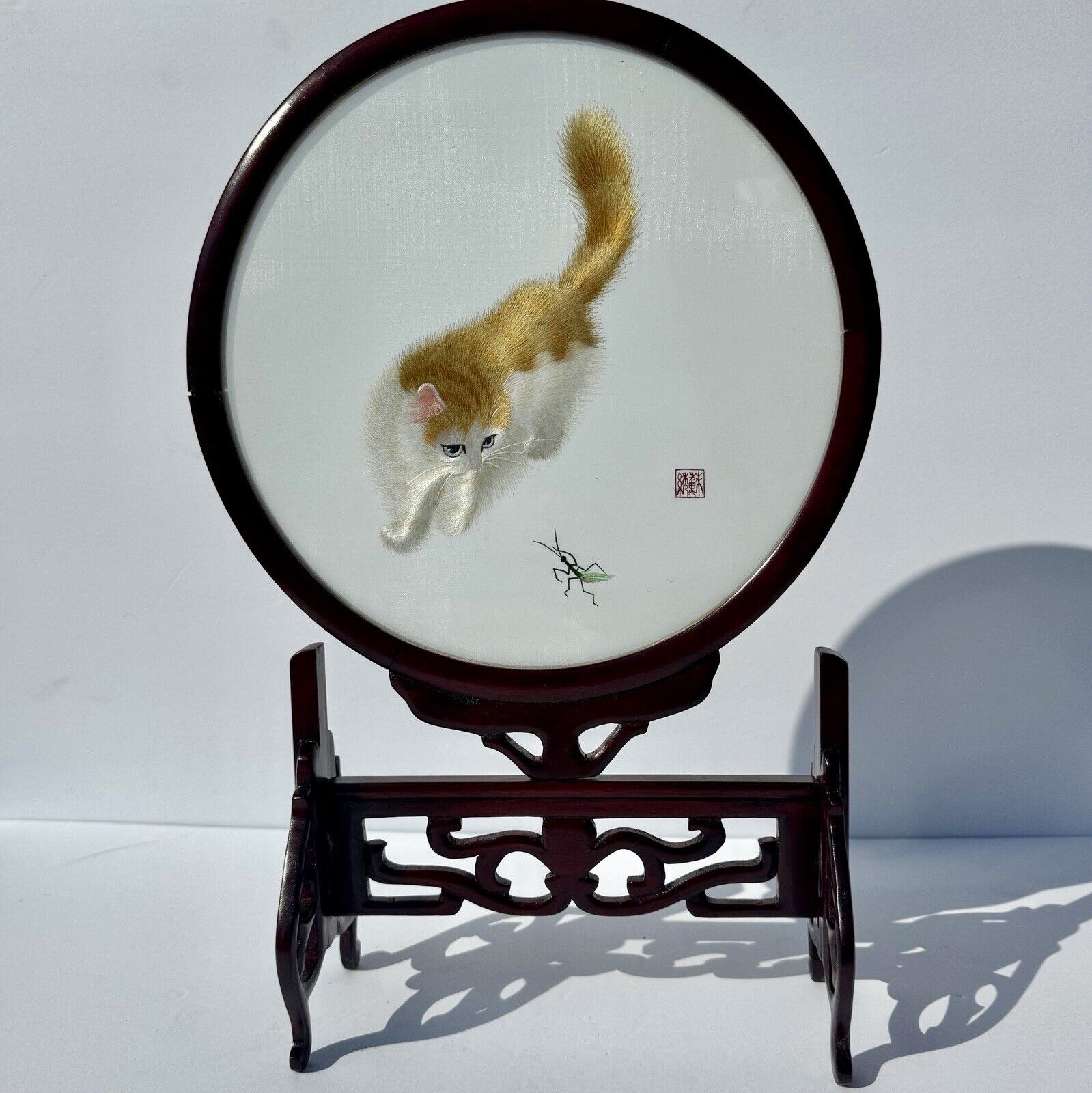 chinese double sided silk embroidery cat play rotating panel 16” With Stand