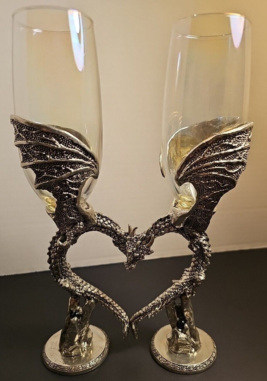 VINTAGE 90s Fellowship Foundry Pewter & Dragon Heart Toasting Glasses