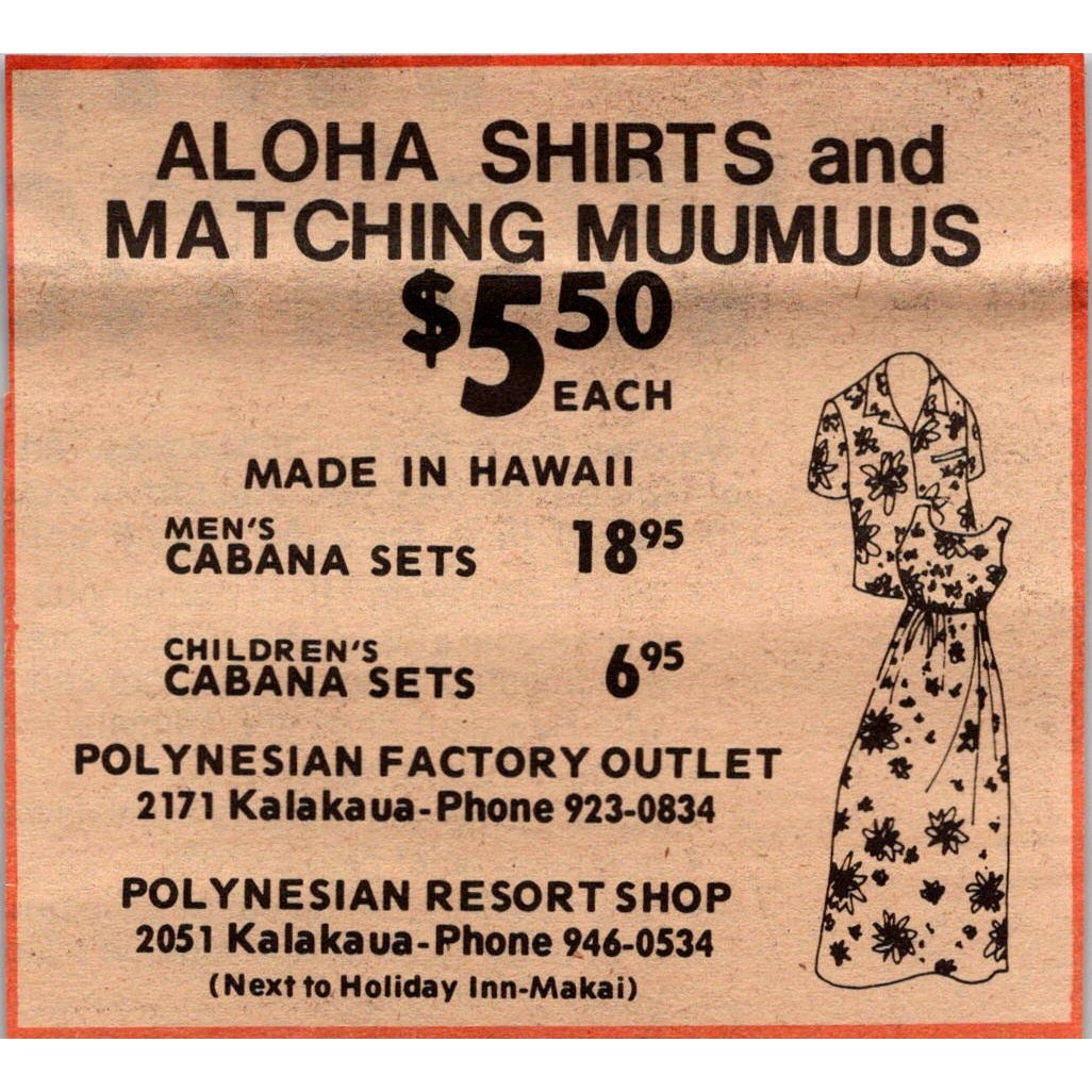 Polynesian Resort Shop Aloha Shirts 1977 Waikiki Hawaii Clipping SAH5-3